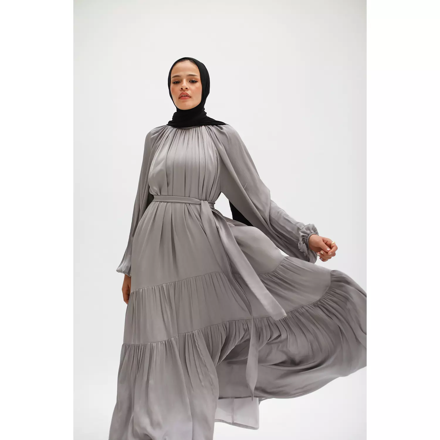 Shimmery Satin Layered Dress in Grayish 0