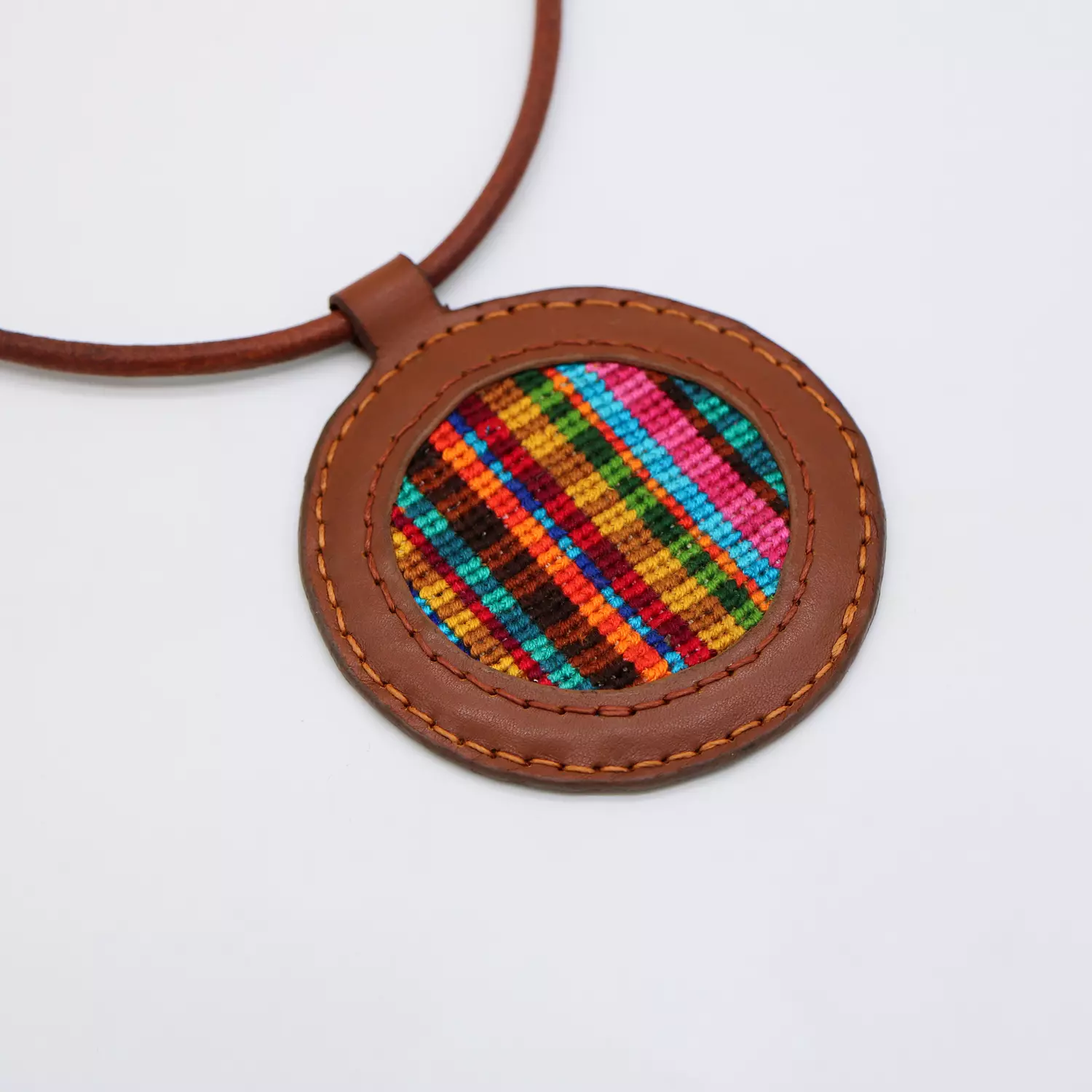 Genuine leather necklace with colorful Cross-stitching. hover image