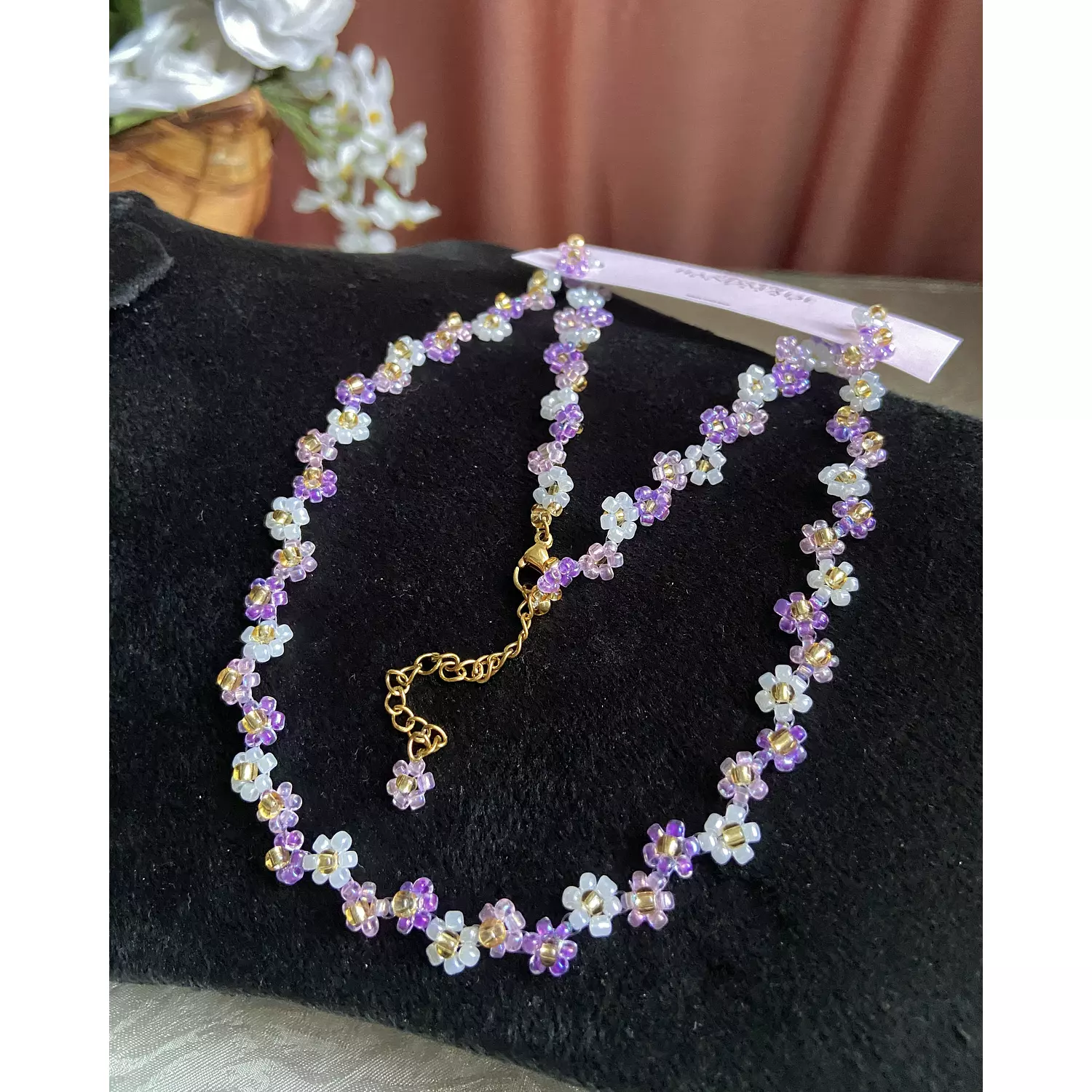 Purple shades with white flowers necklace  3