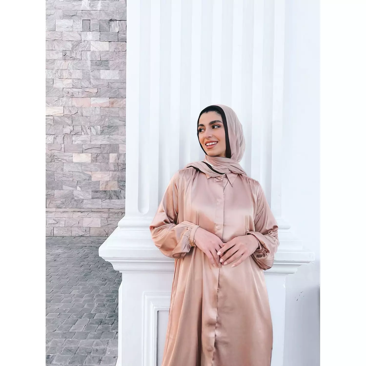 Tan Beige Satin Midi Shirt Dress hover image