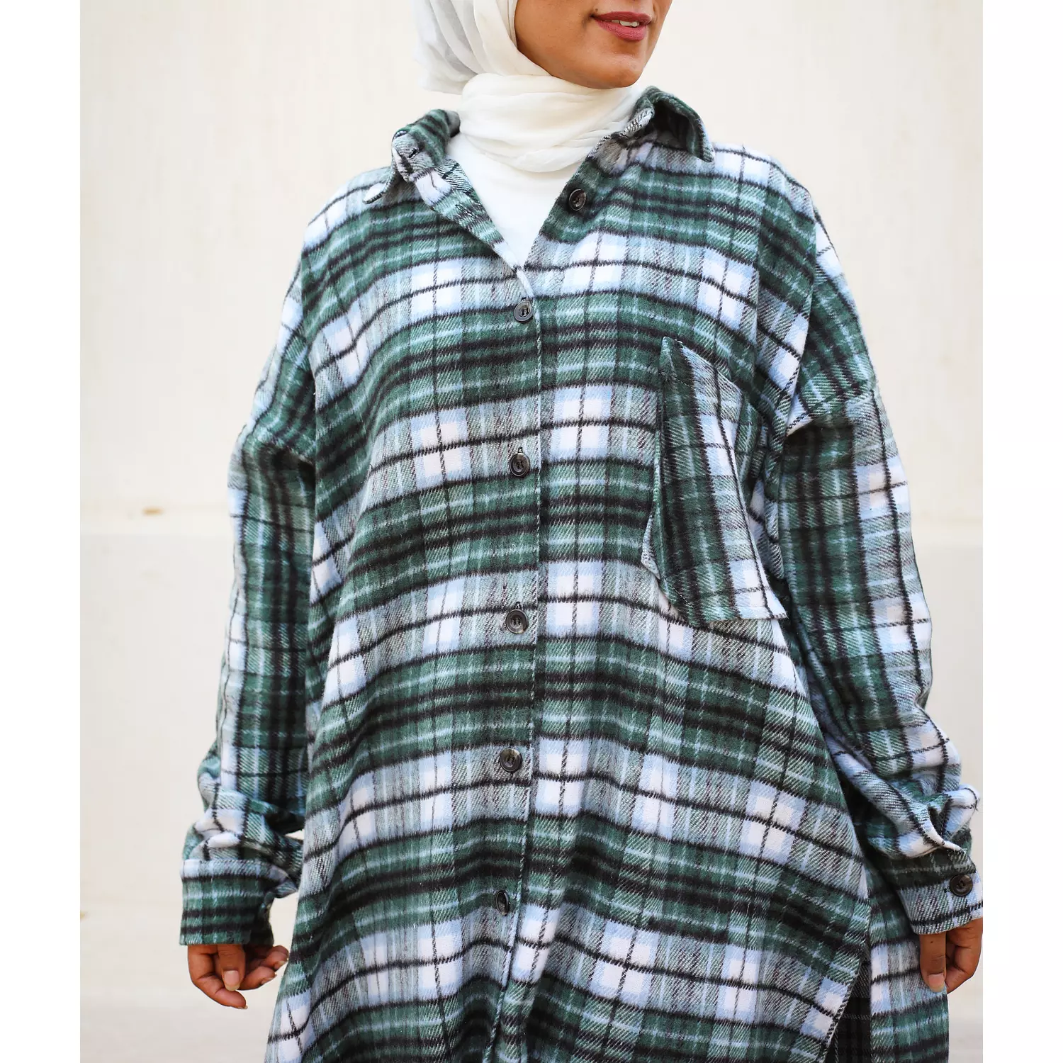 Green & Grey Checkered Wool Long Shirt 5