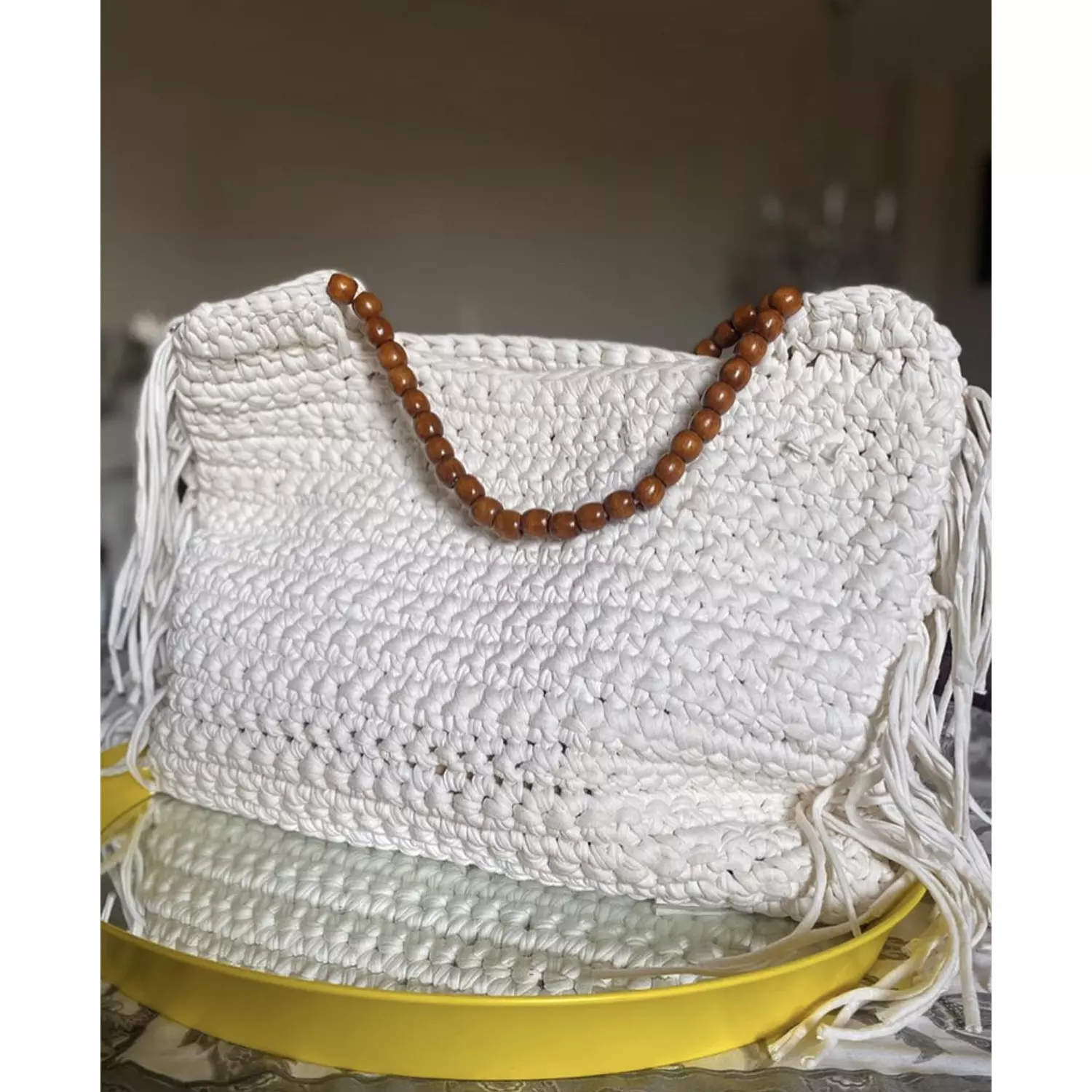 Off White Fringe Side Tote with Bead Handles 1