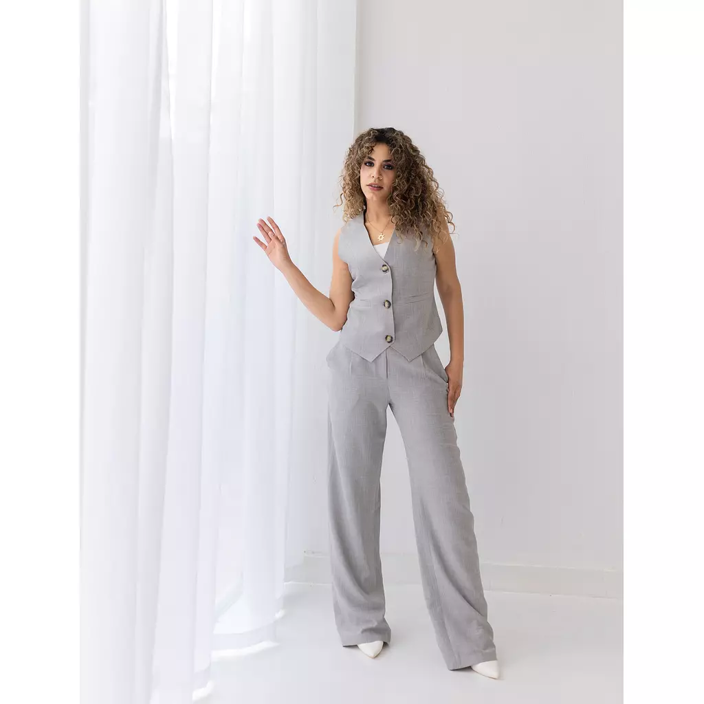 Light gray linen wide-leg straight mid pants 