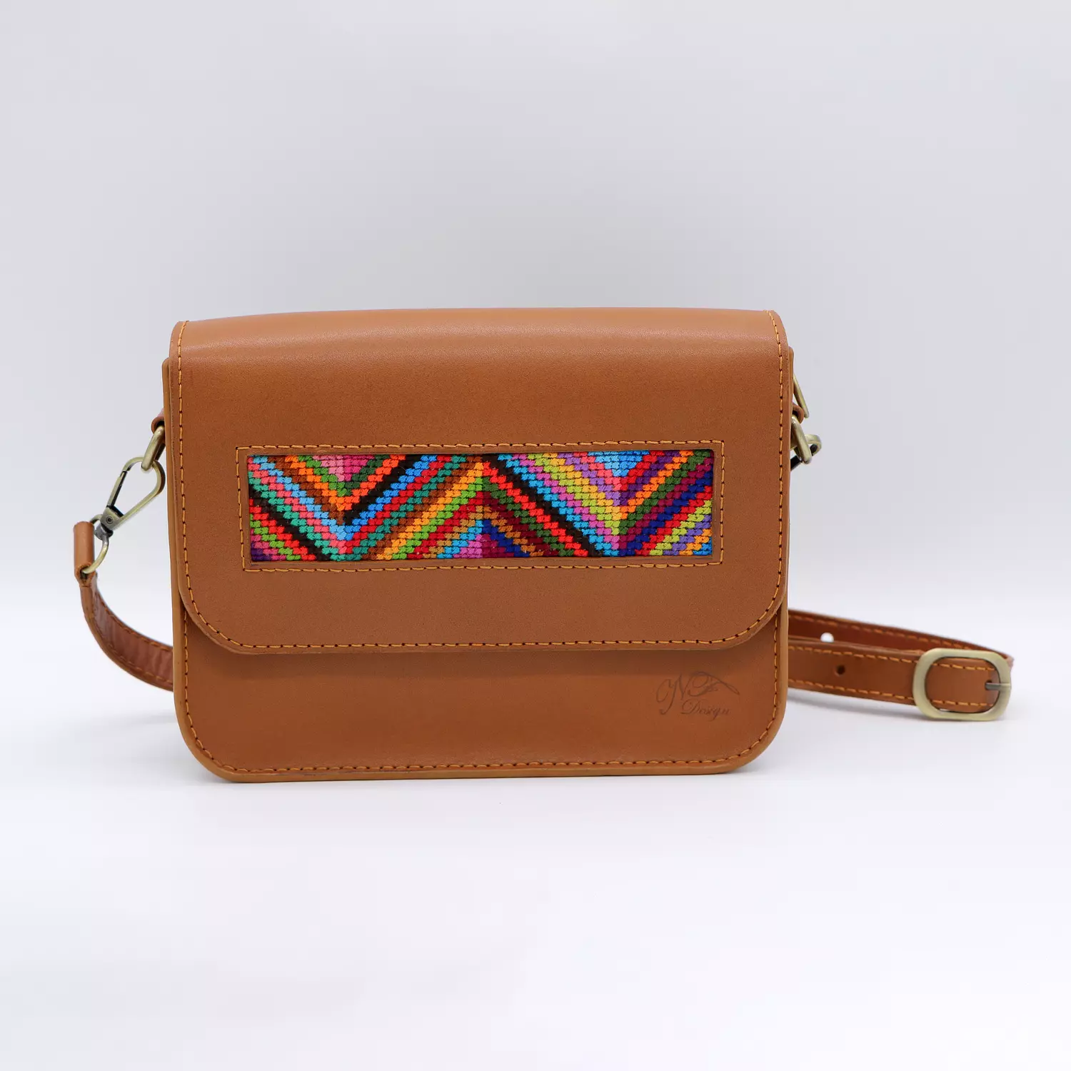 Genuine leather bag with colorful Cross-stitching. 1