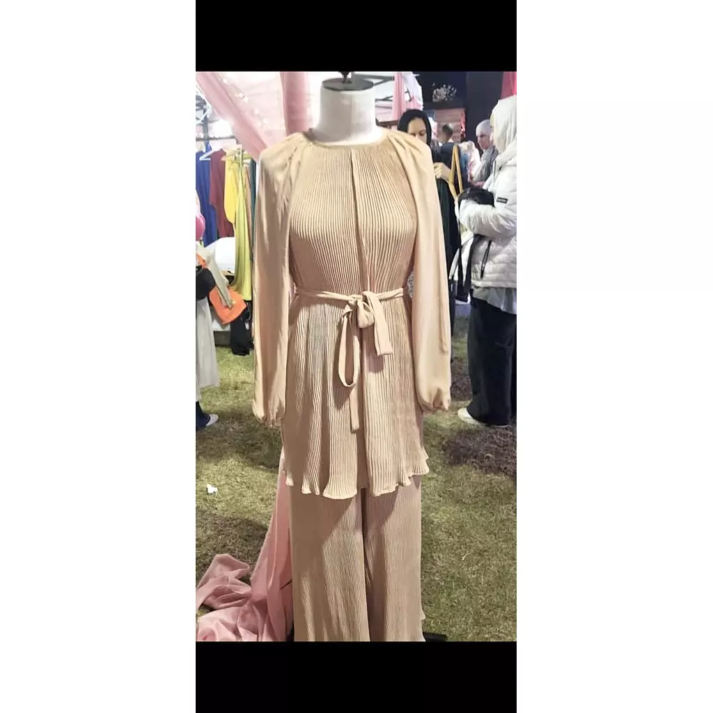 Beige Chiffon Pleated Set