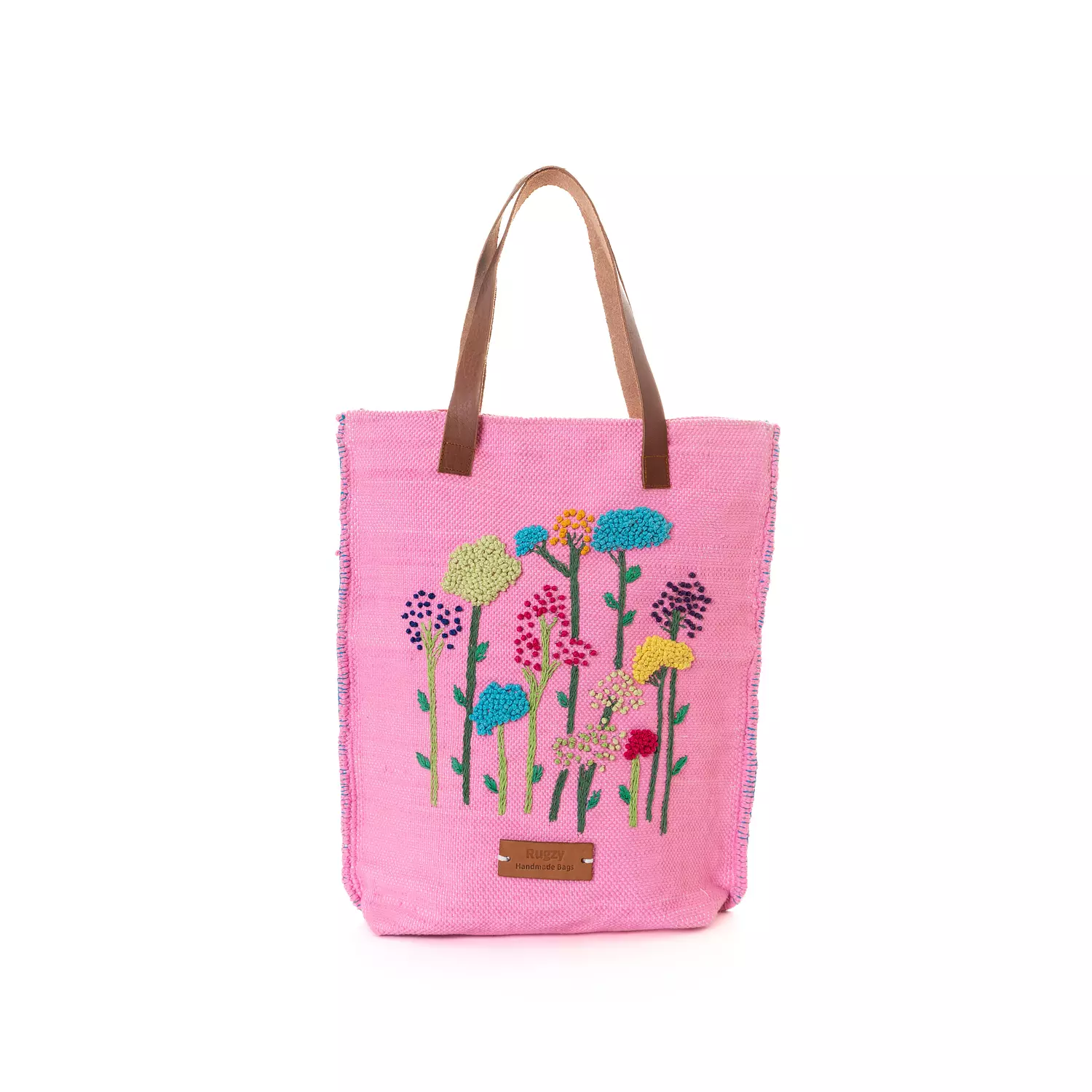 Embroidered Floral Carpet Bag with Genuine Leather Handles  hover image