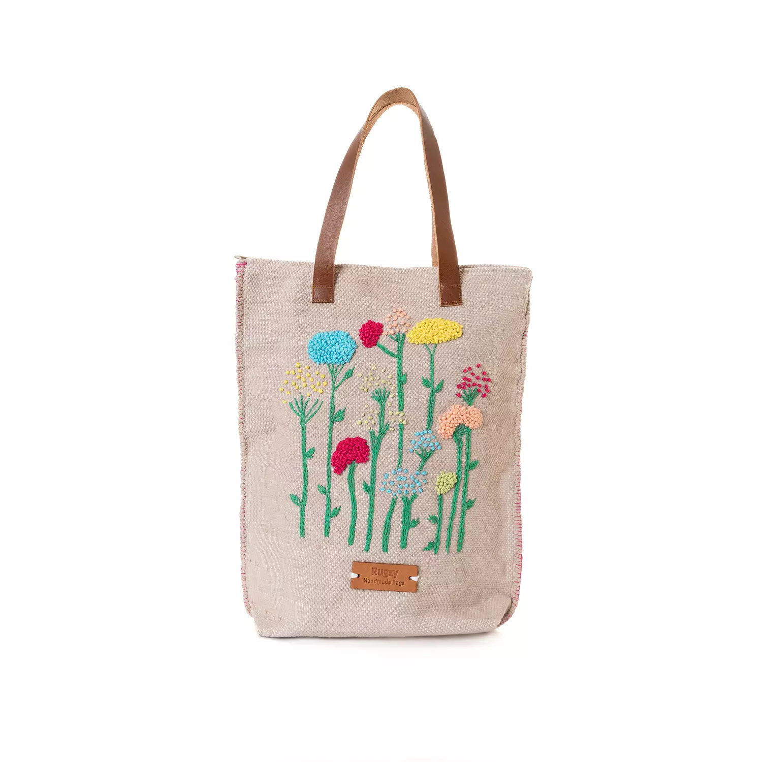 Embroidered Floral Carpet Bag with Genuine Leather Handles hover image