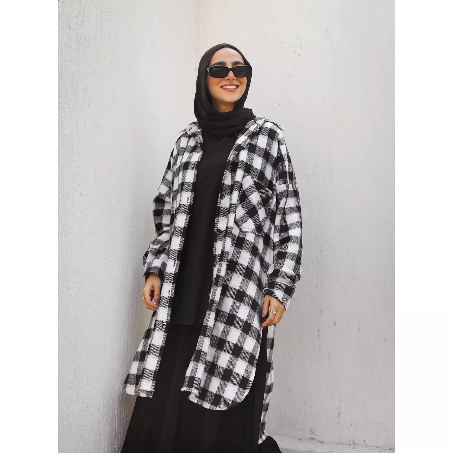 Black & White Checkered Wool Long Shirt 1