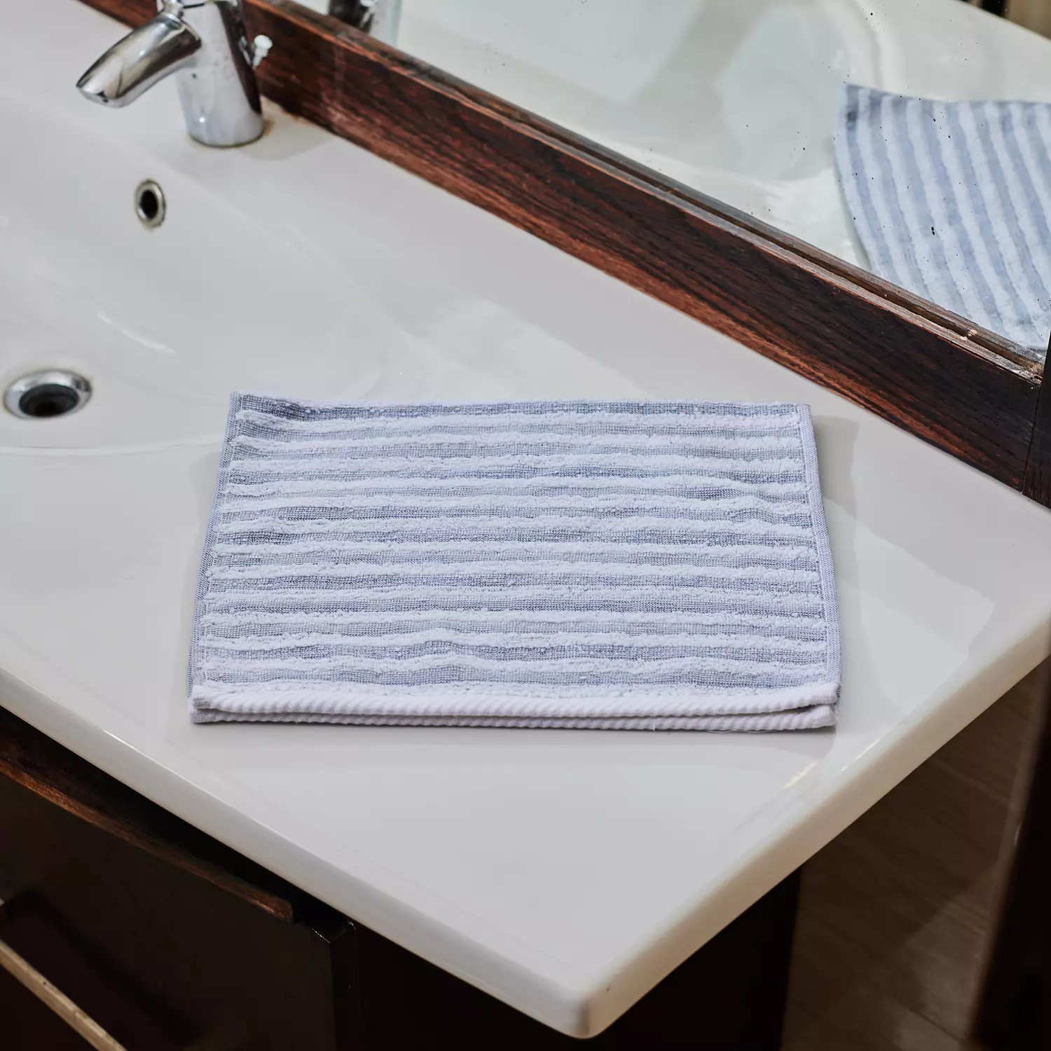 Small Stripped white with grey single towel  hover image