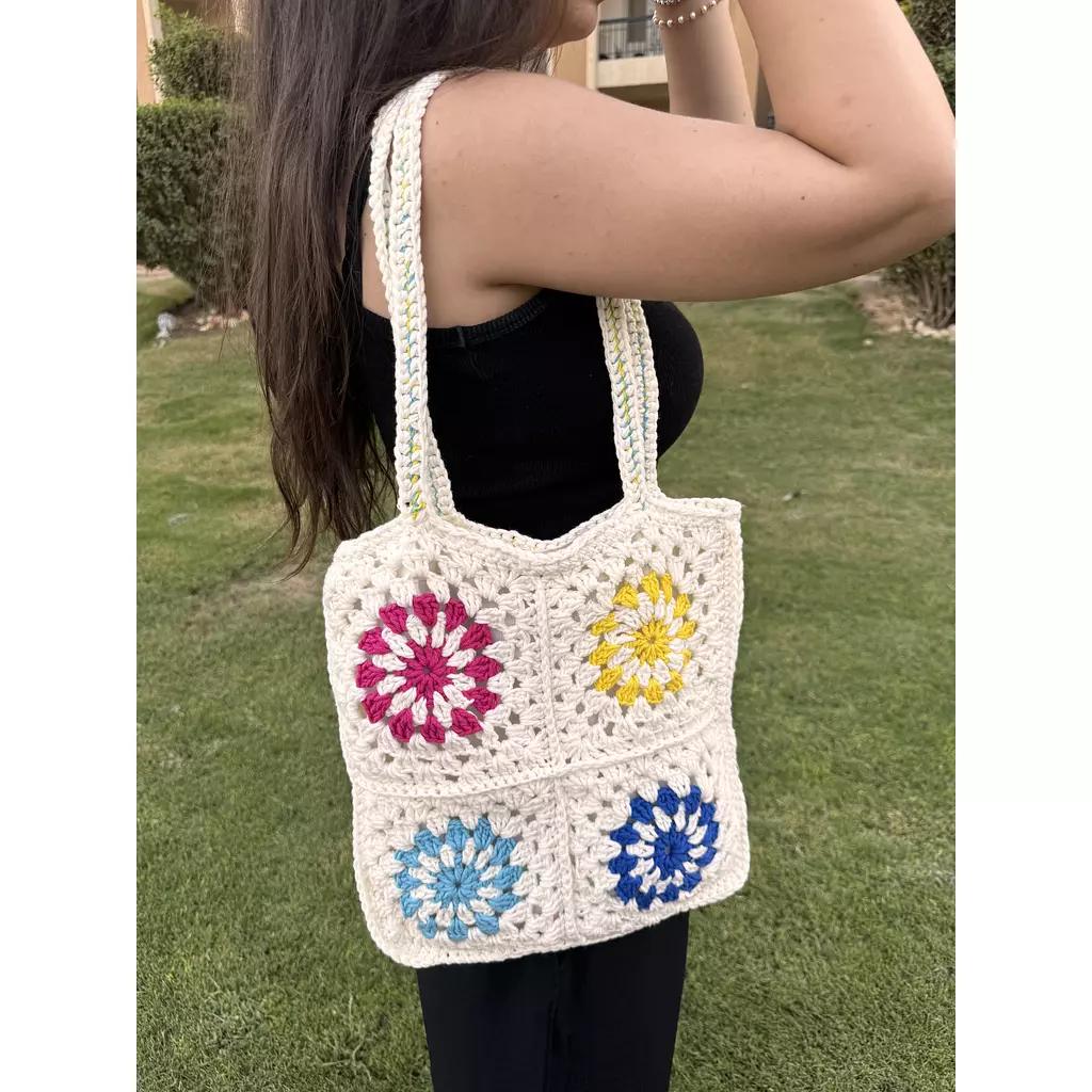 White granny square crochet tote bag 