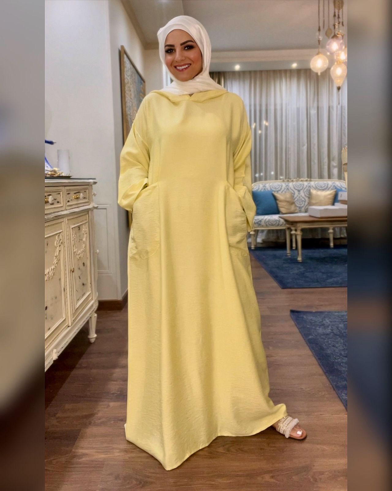 Hooded Linen Dress With Long Sleeves - Yellow  hover image