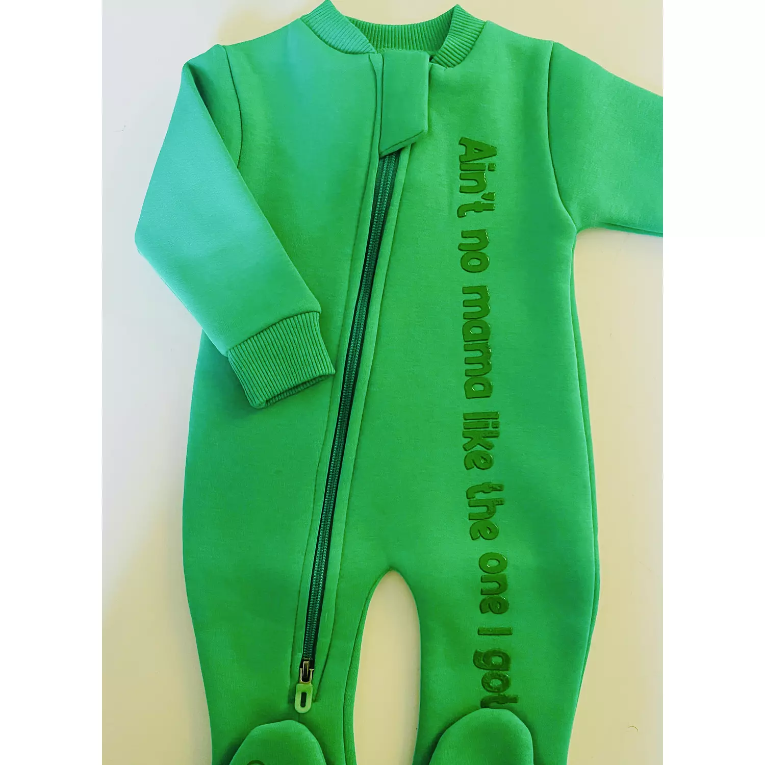 Premium Fleeced Winter Double Zipper "Ain't no mama" Footie - Green Jellybean 3