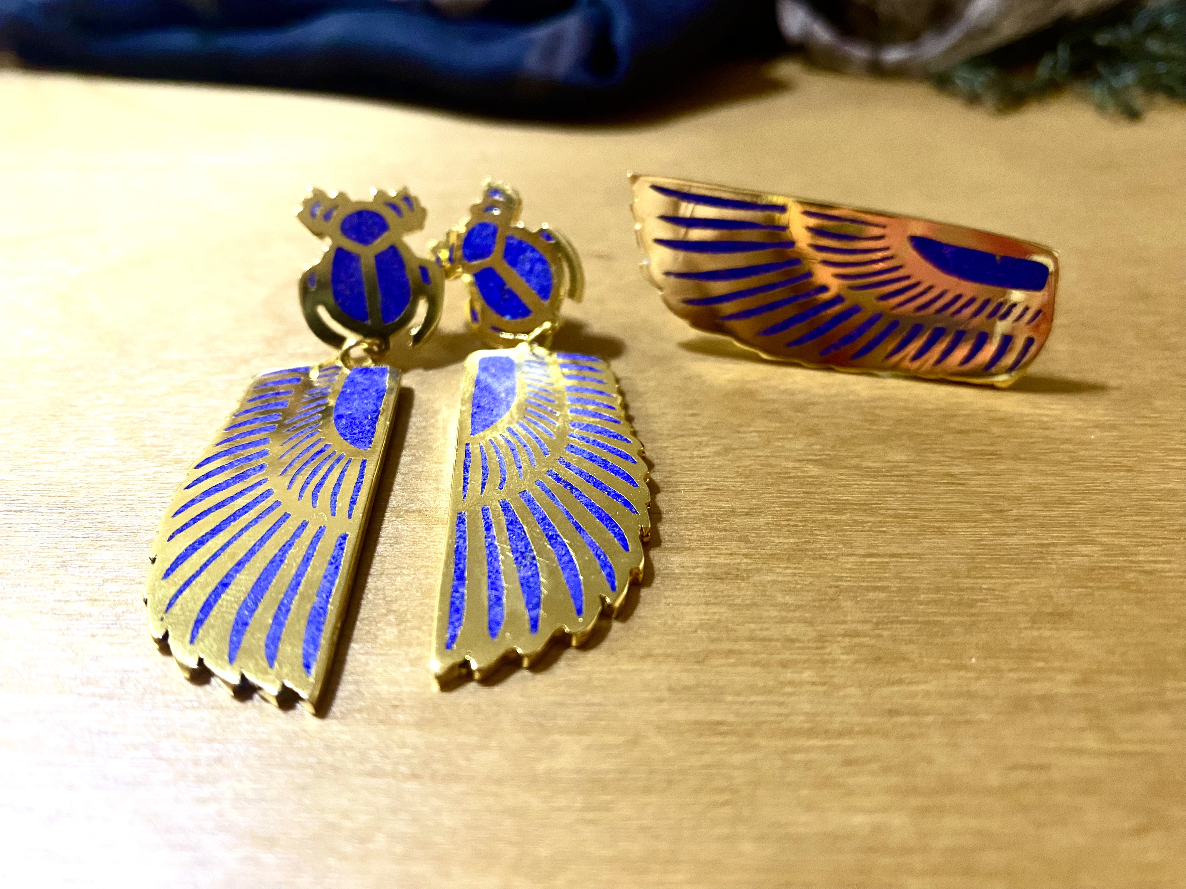Wings & scarab lapis earrings  1
