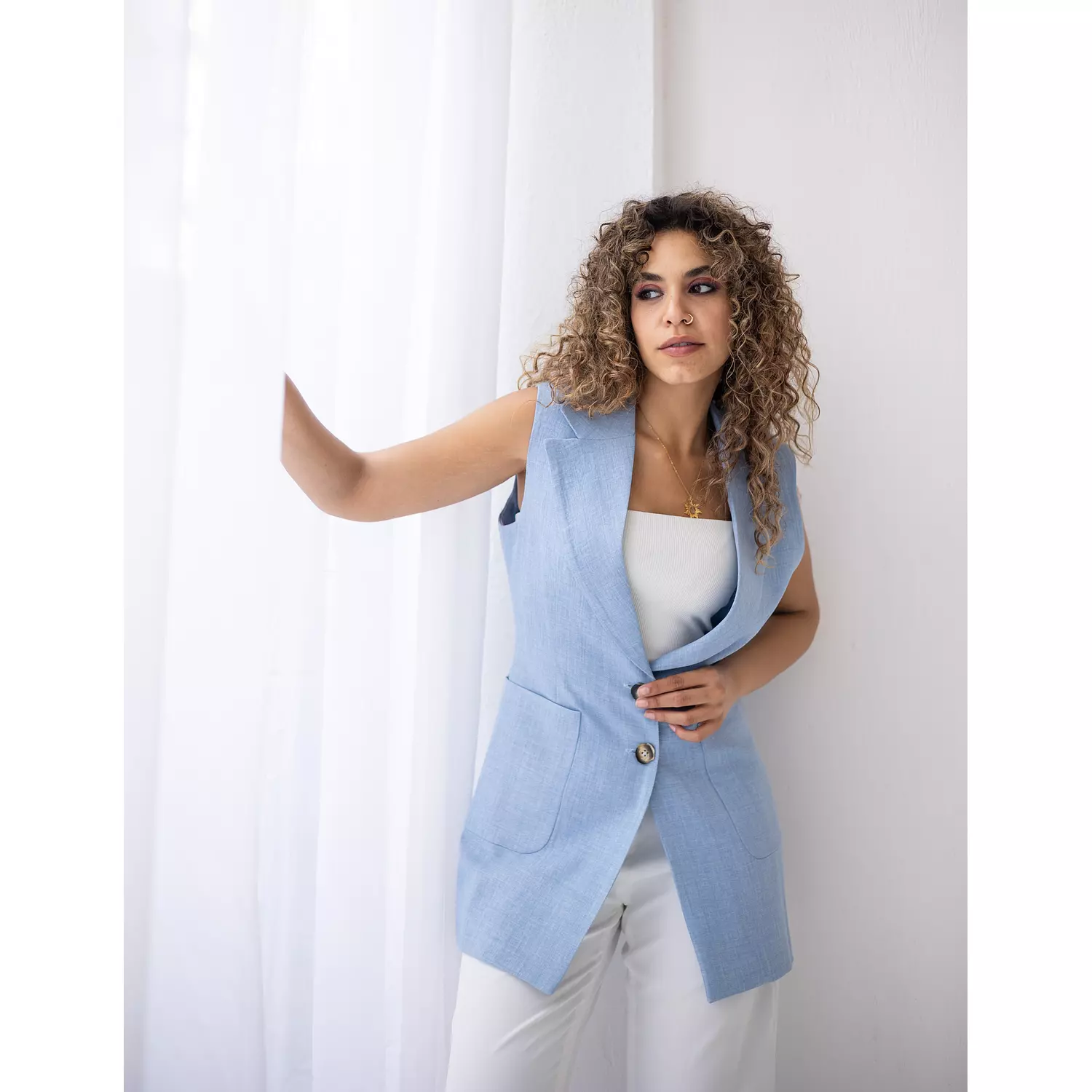 Sky blue long linen vest  1