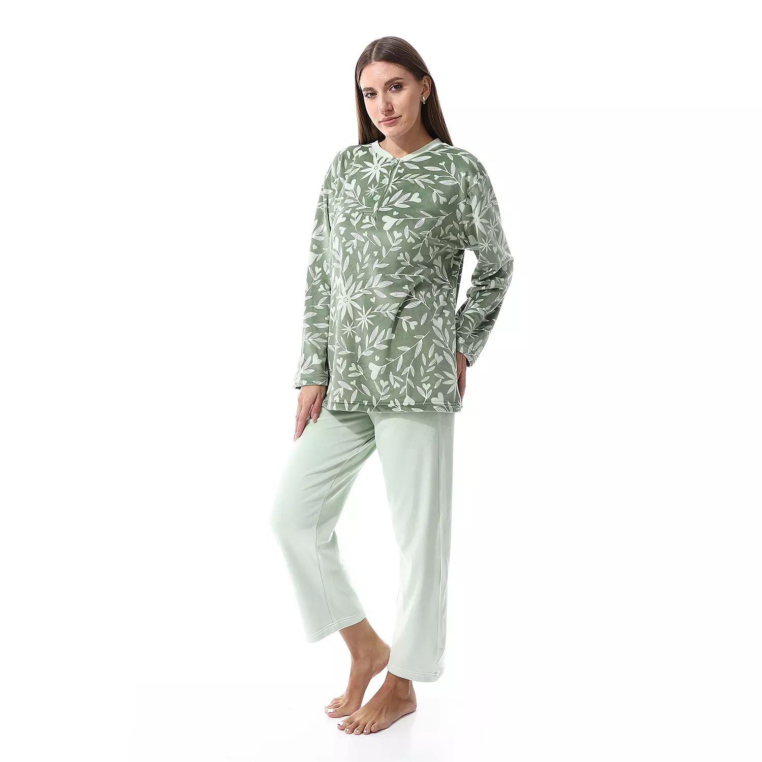 Shorto Women Leaves 2 Button  Fleece PJ - Green - 2657  5