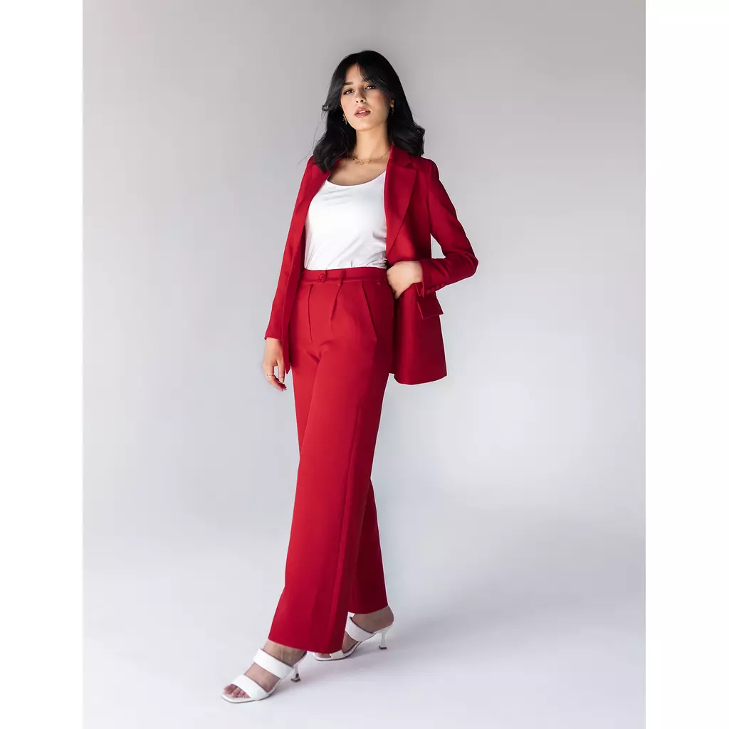 Coral Red Wide-leg Straight Mid Pants