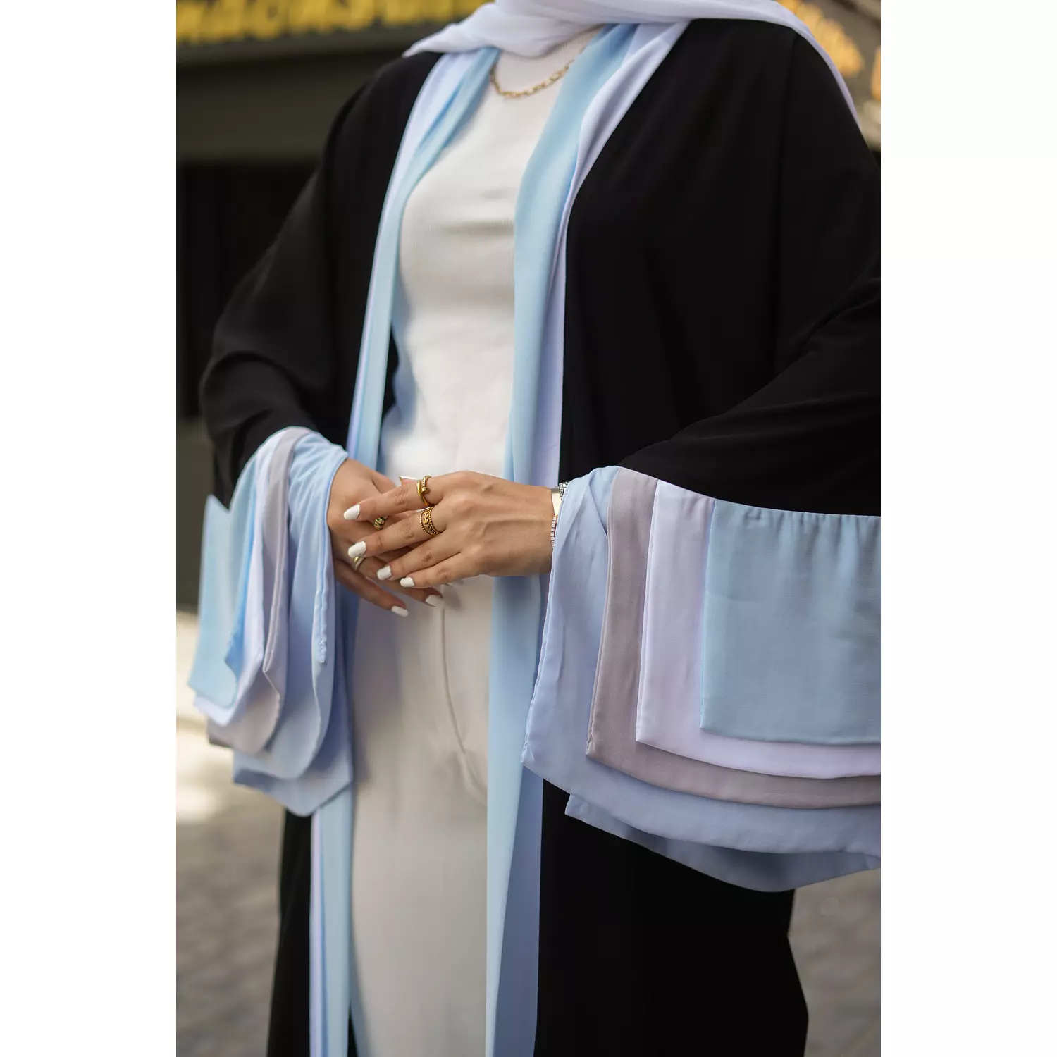 Shades of Blue on Sleeves in Abaya 1