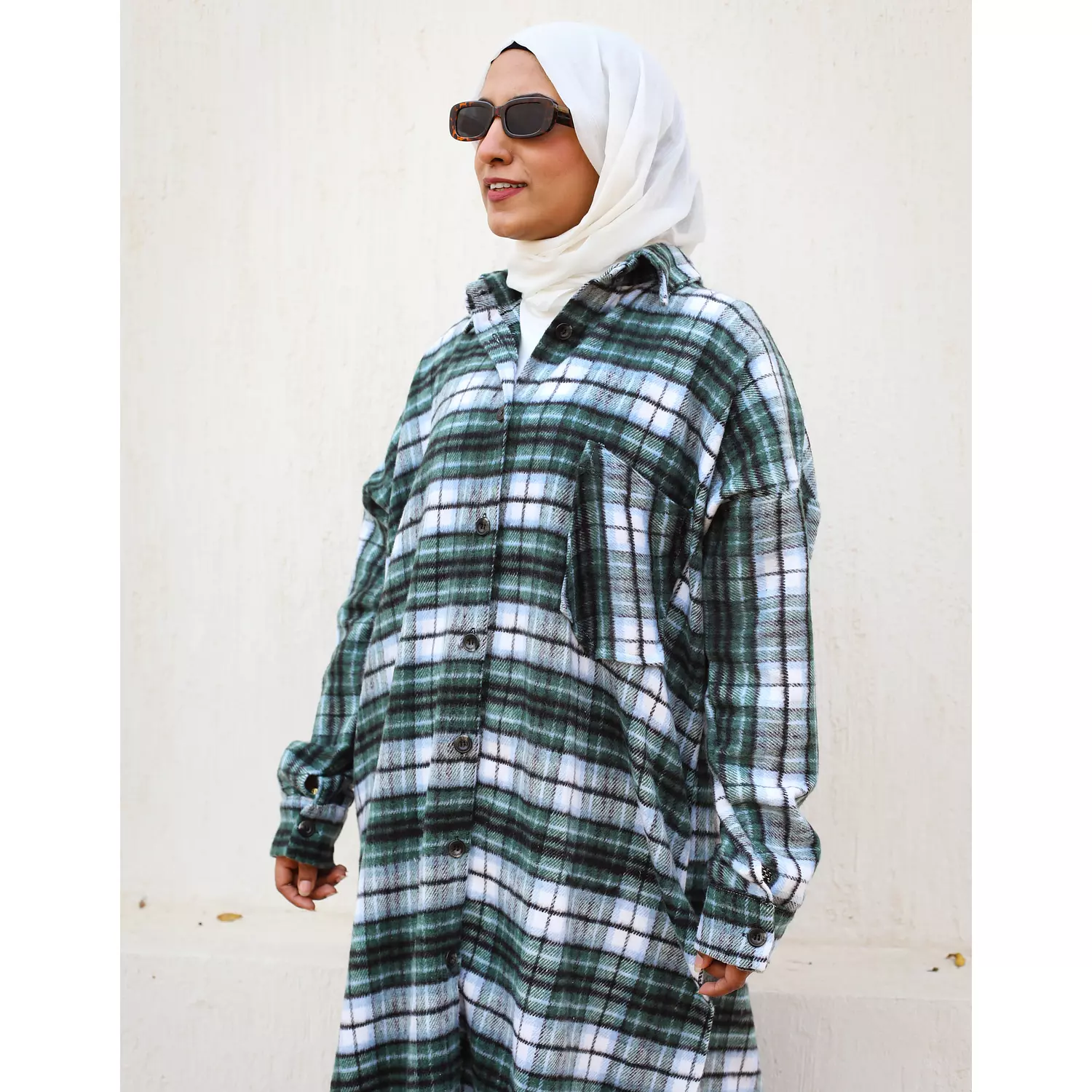 Green & Grey Checkered Wool Long Shirt 4