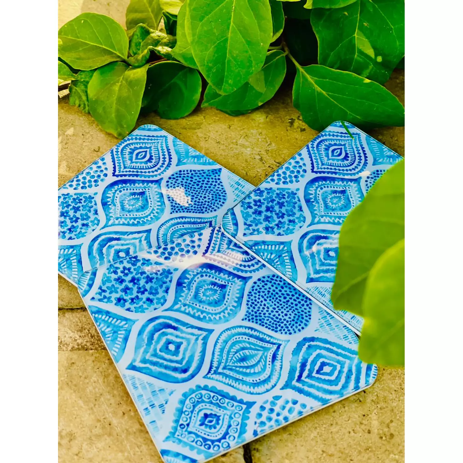 Blue Damask Pattern Coaster Set 3