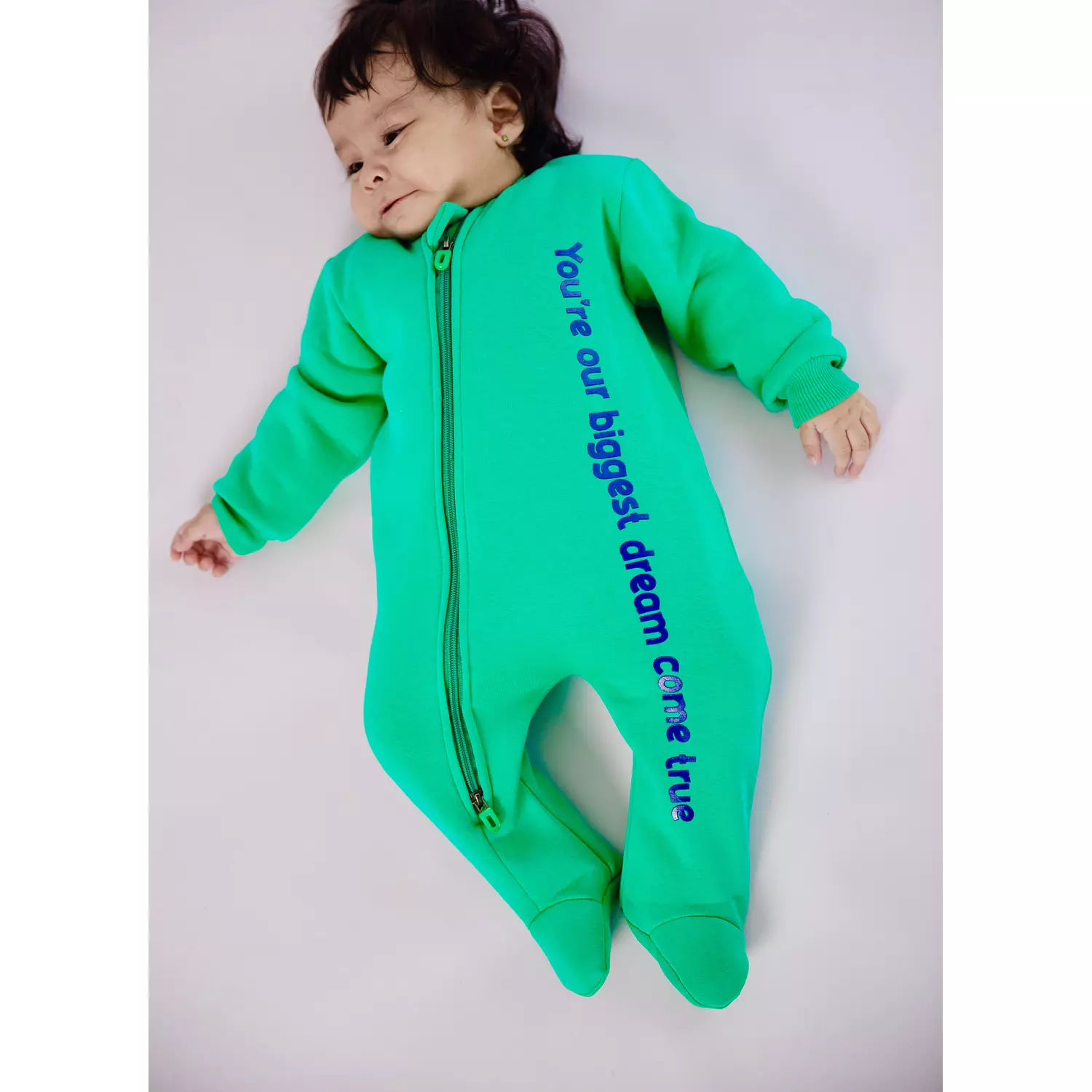 Premium Fleeced Winter Double Zipper "Our biggest dream" Footie - Green Jellybean 4