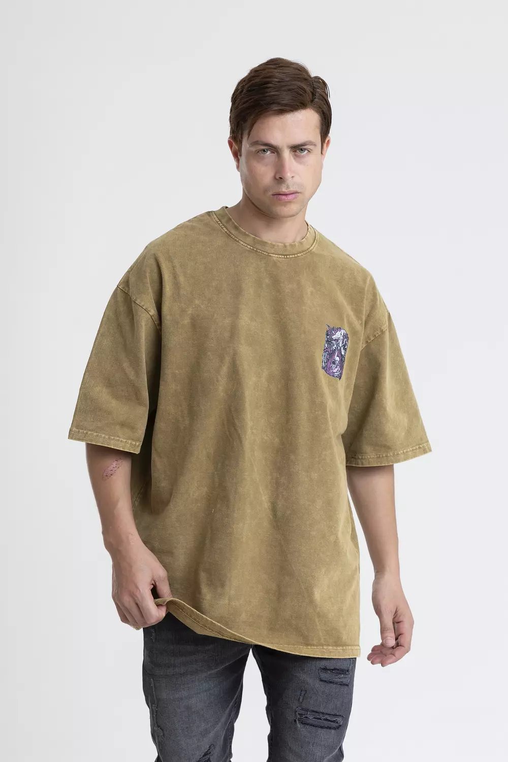 OVERSIZED WASHED COTTON T-SHIRT WITH CONTRAST PRINT BACK & FRONT hover image