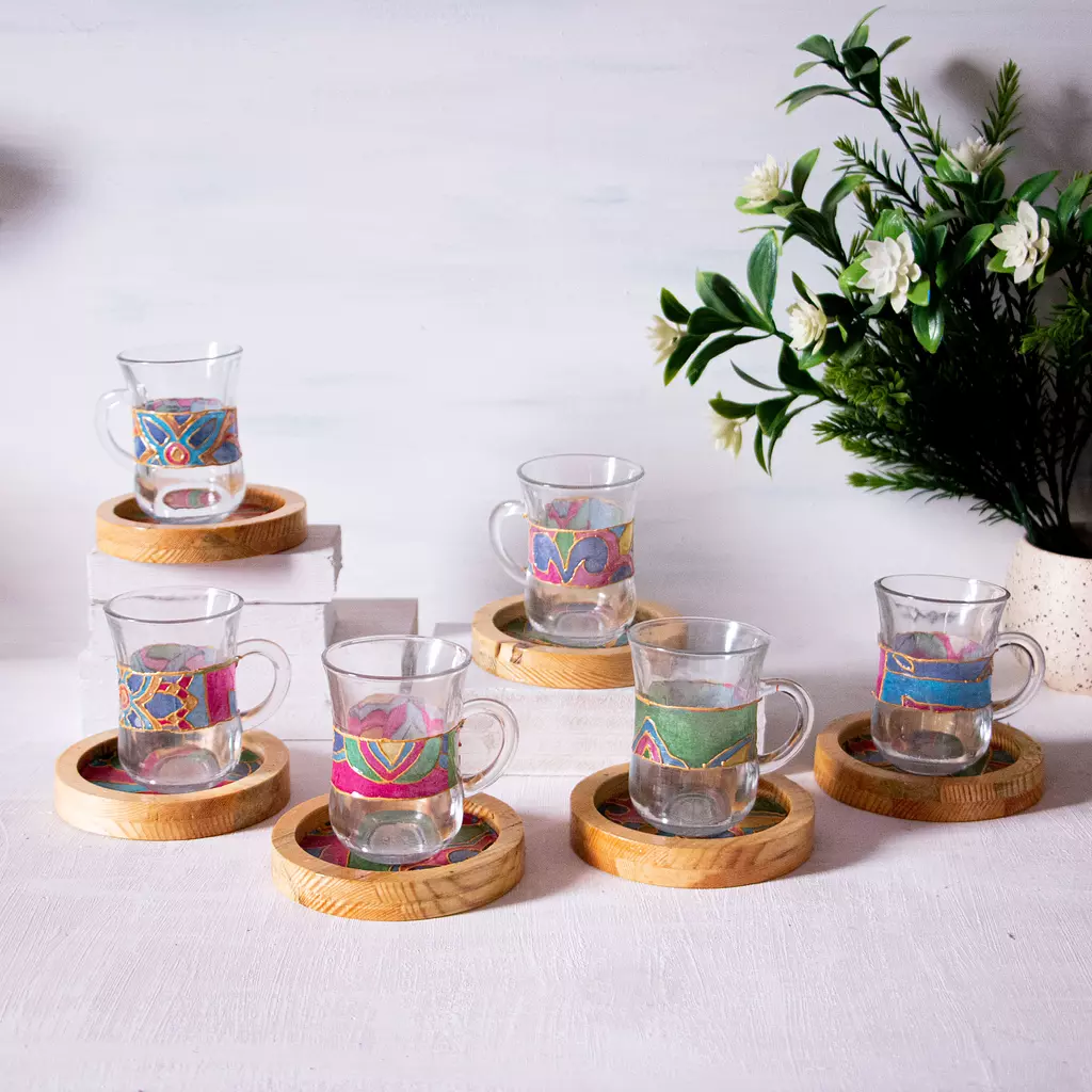 Arabic Blossom Glass Set-Wooden Coasters