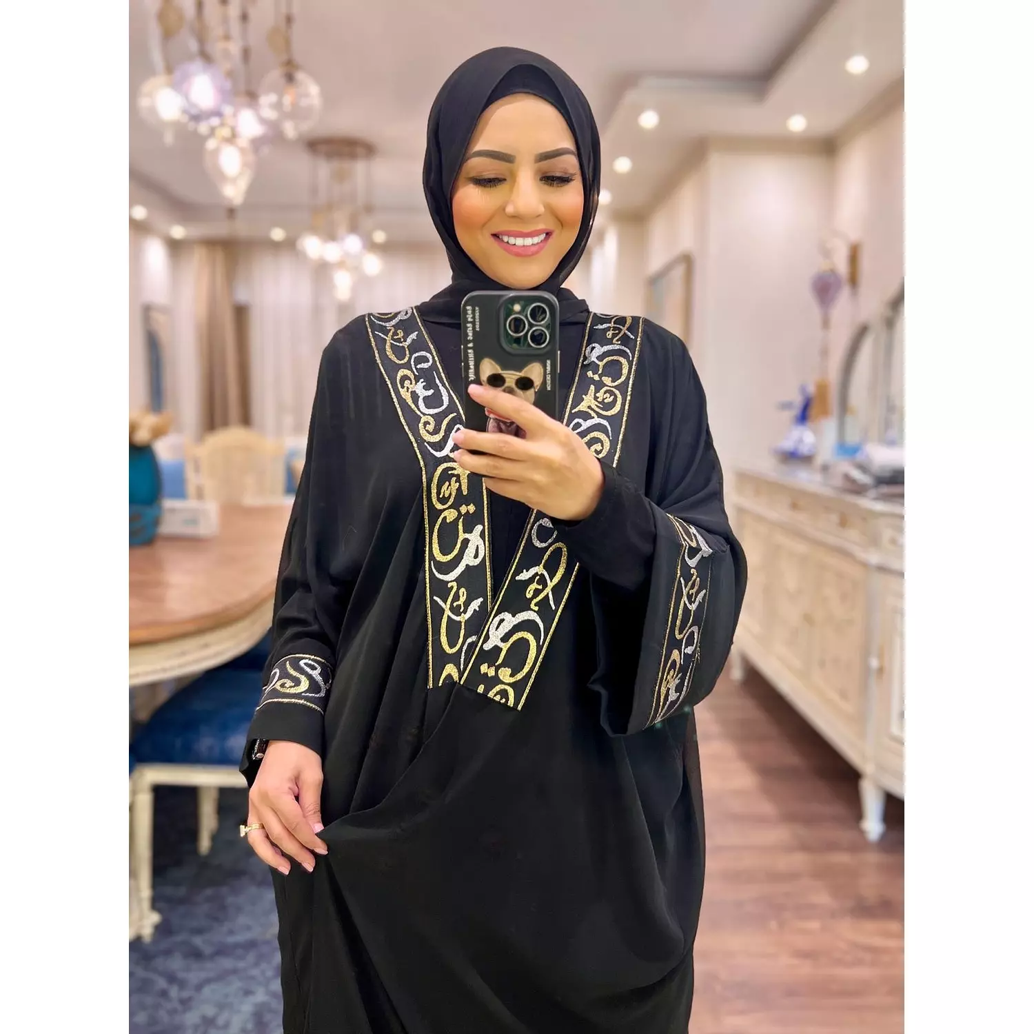 Chiffon Abaya with Arabic Embroidery - Black  2