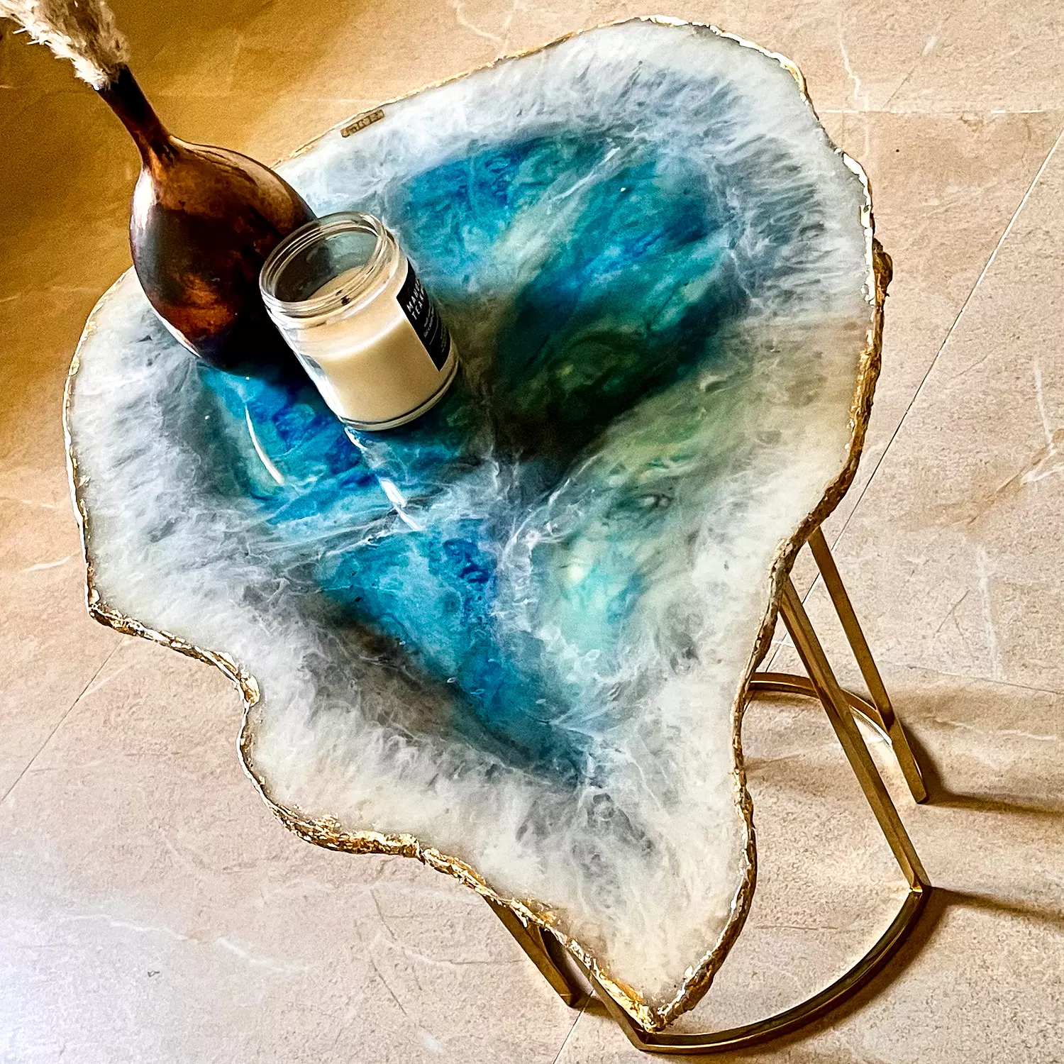 Turquoise & white agate side table 4