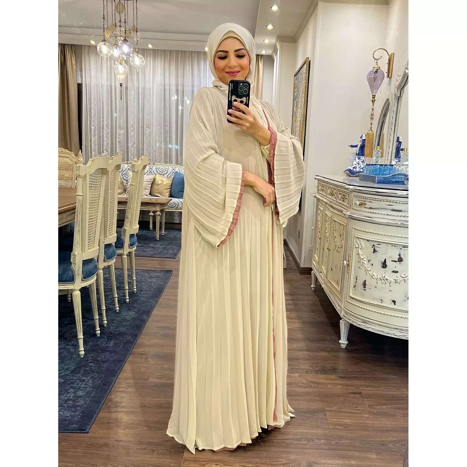 Double-faced Pleated Open Abaya- Beige & Kashmir hover image
