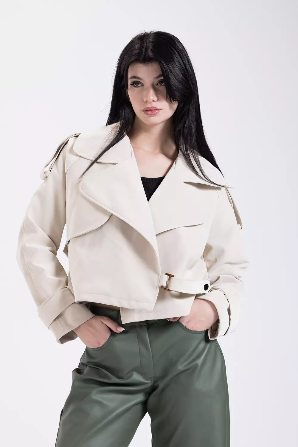 Cream Short Leather Jacket hover image