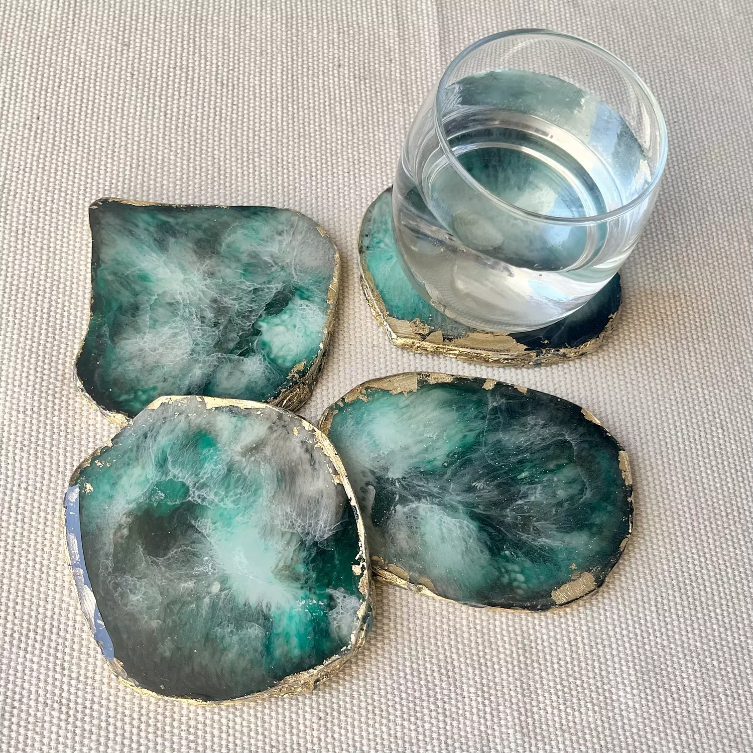 Green/ Brown Agate Coasters With Gold Edges hover image