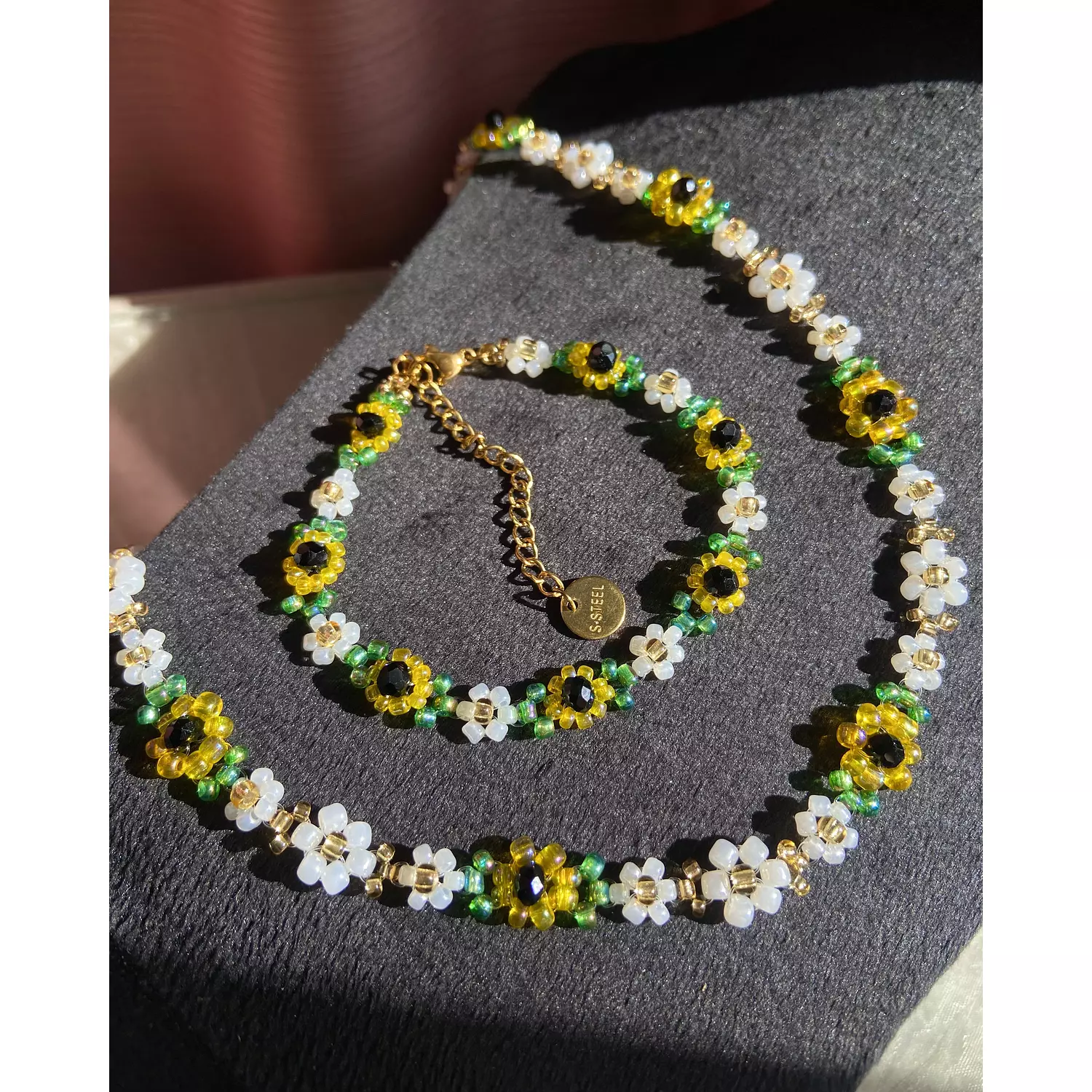 Sunflowers with white flowers bracelet and necklace  5