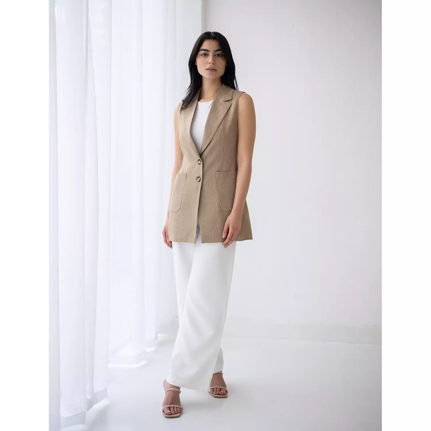 Golden beige long linen vest  3