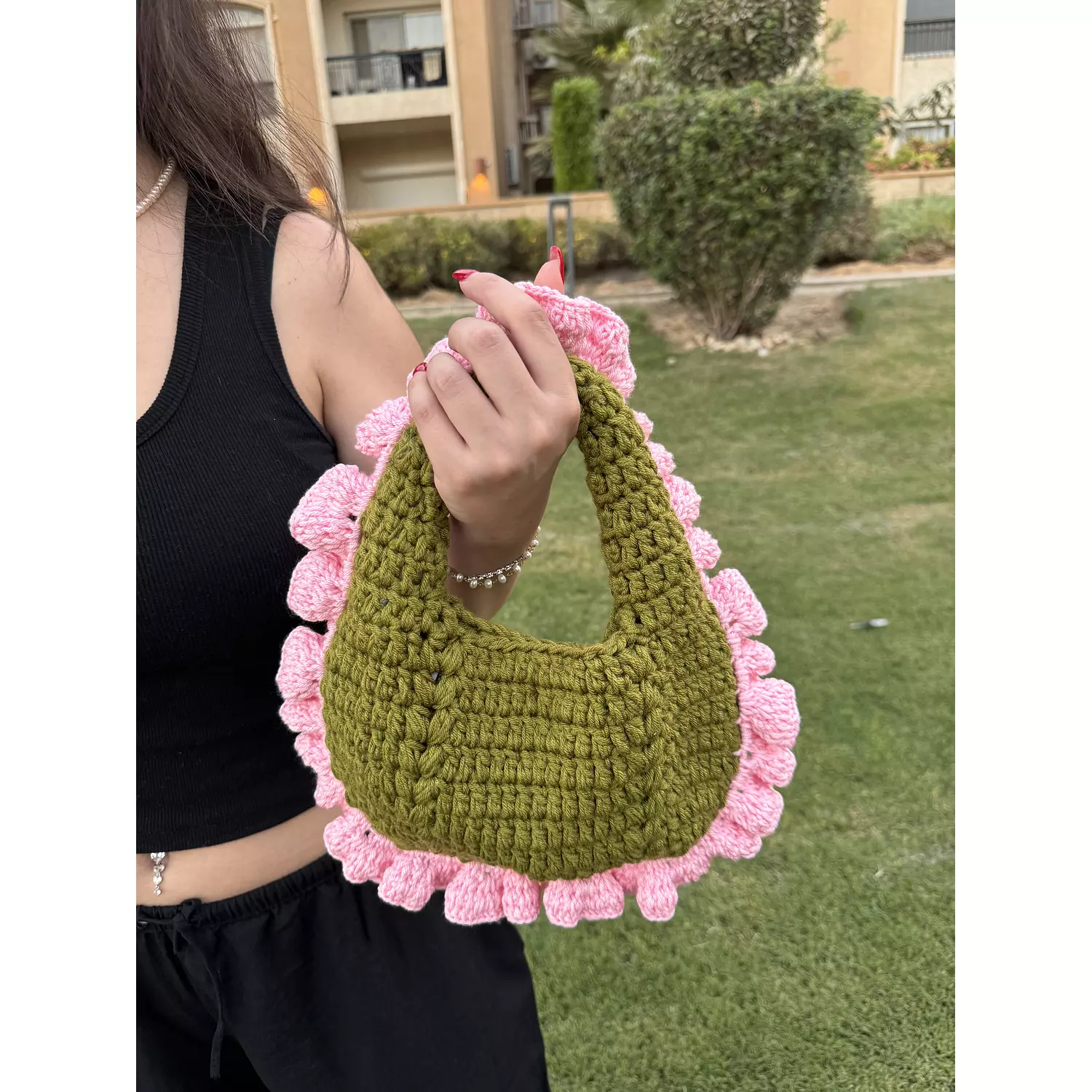     Olive x baby pink crochet bag   hover image