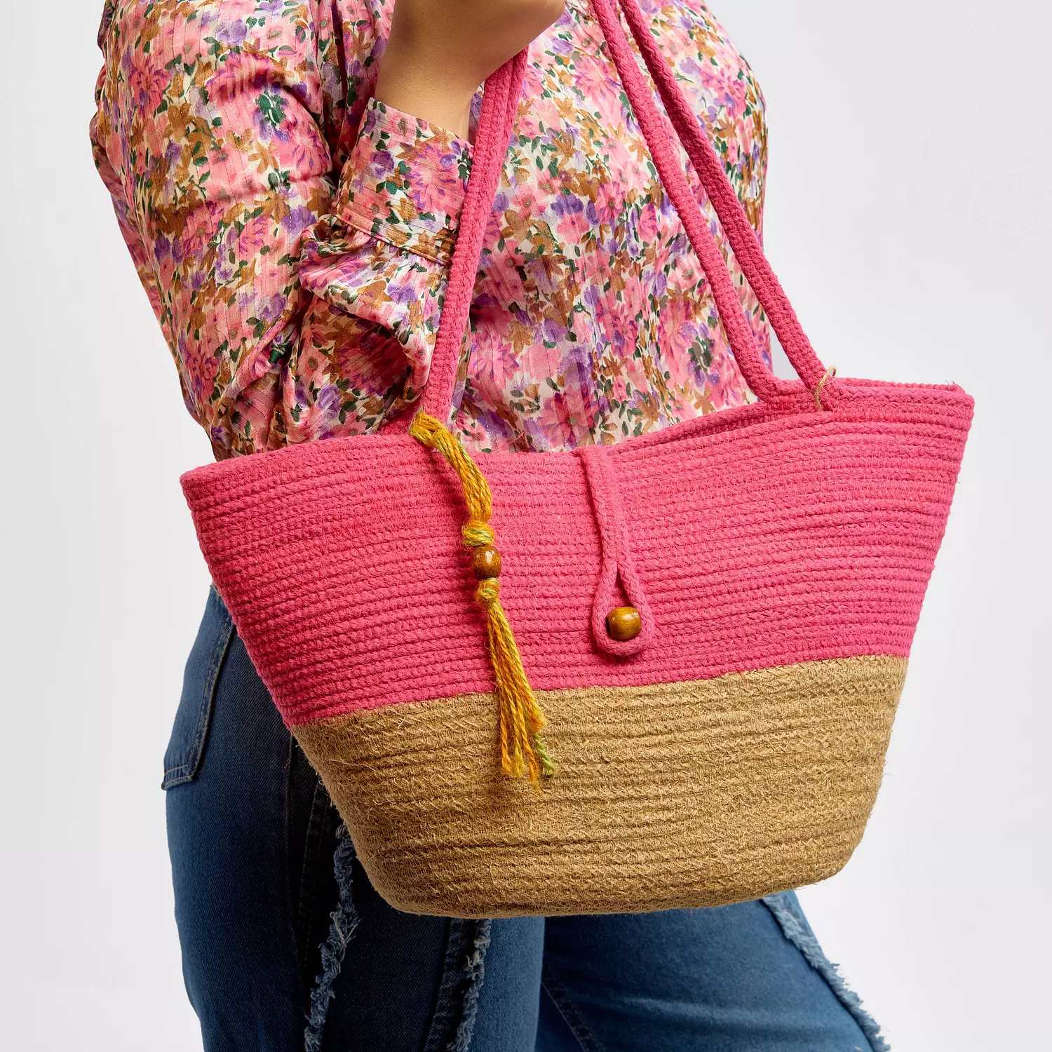 Shoulder Bag - Pink & Jute 3