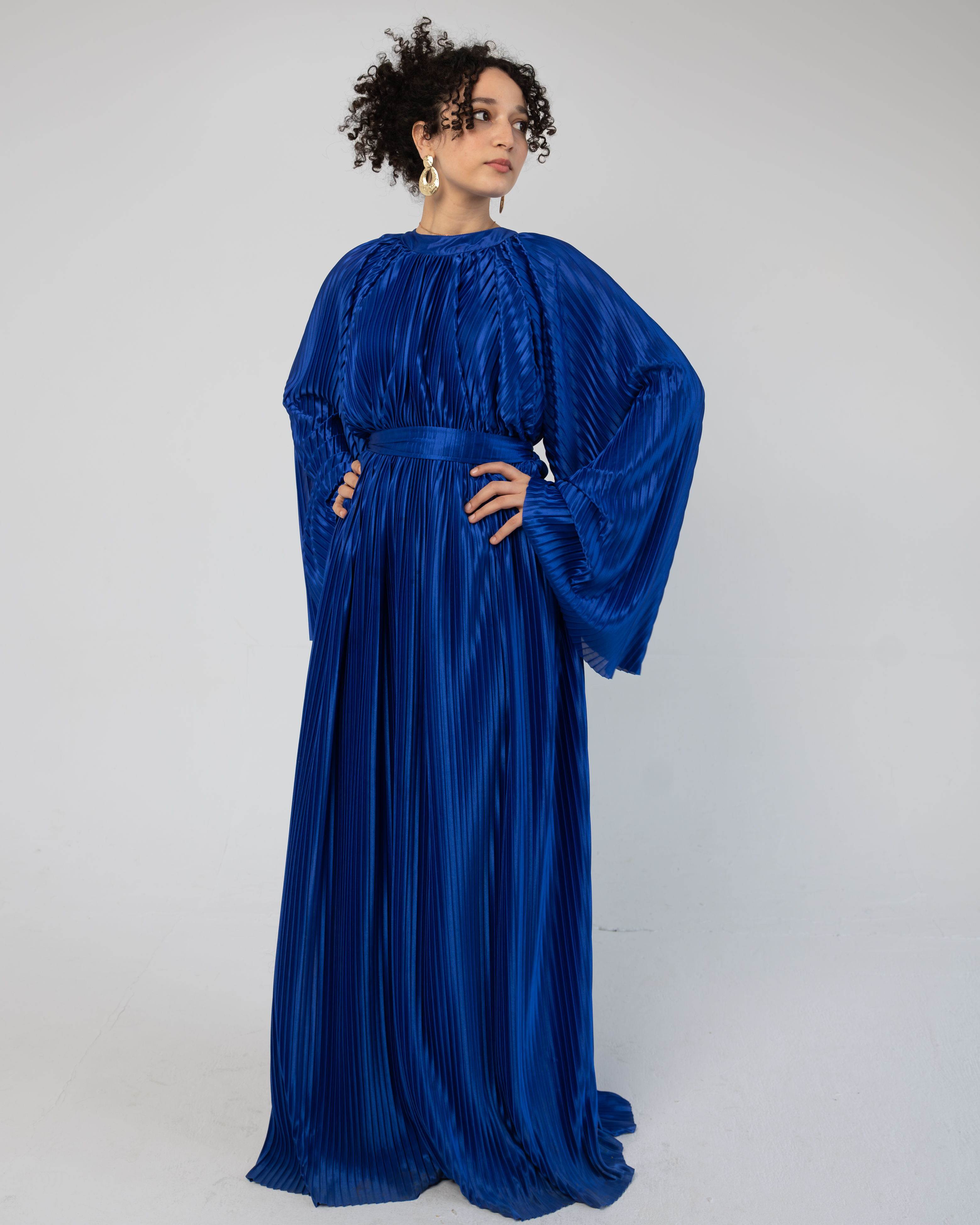 Royal Blue Pleated Satin + Plain Scarf