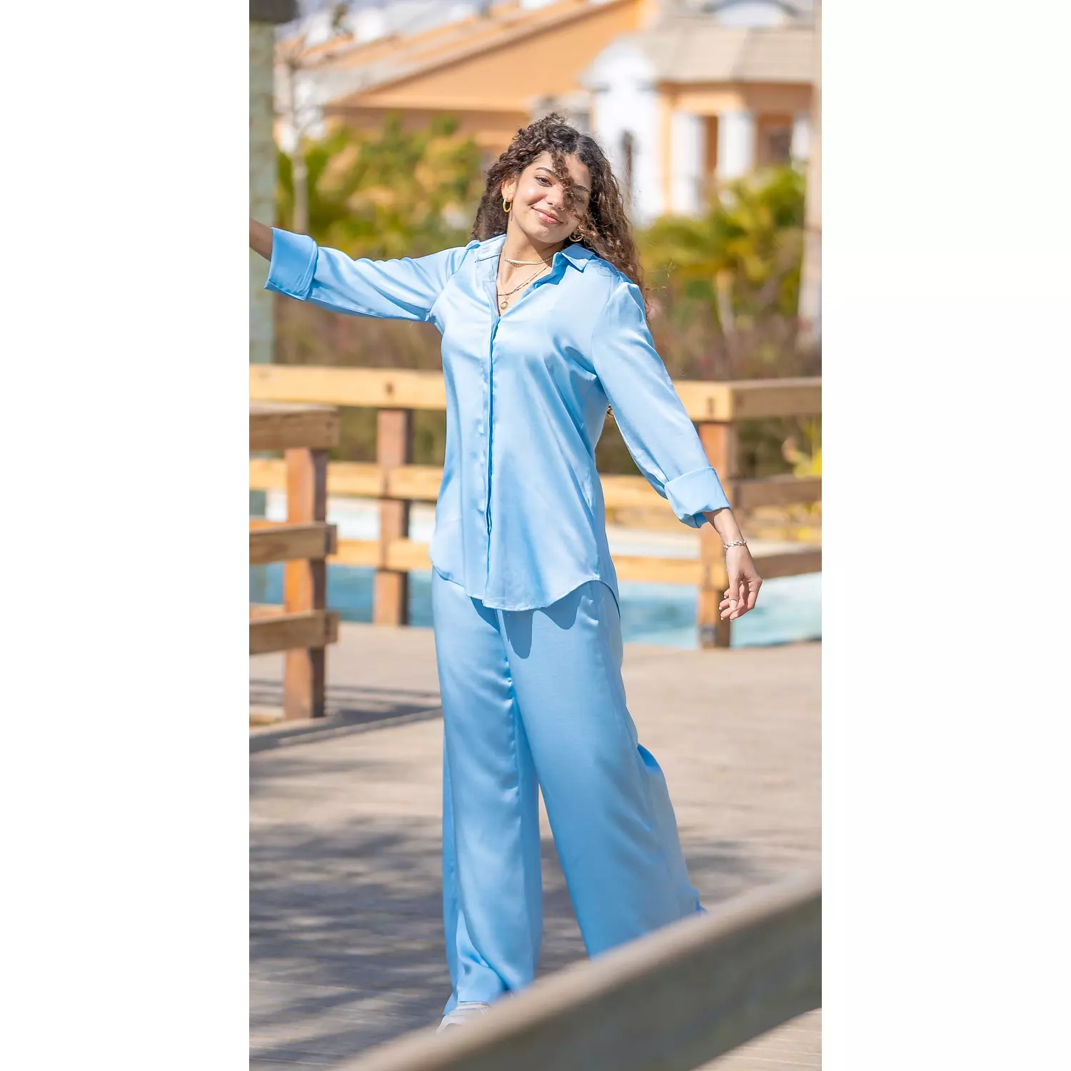 Baby blue satin pants hover image