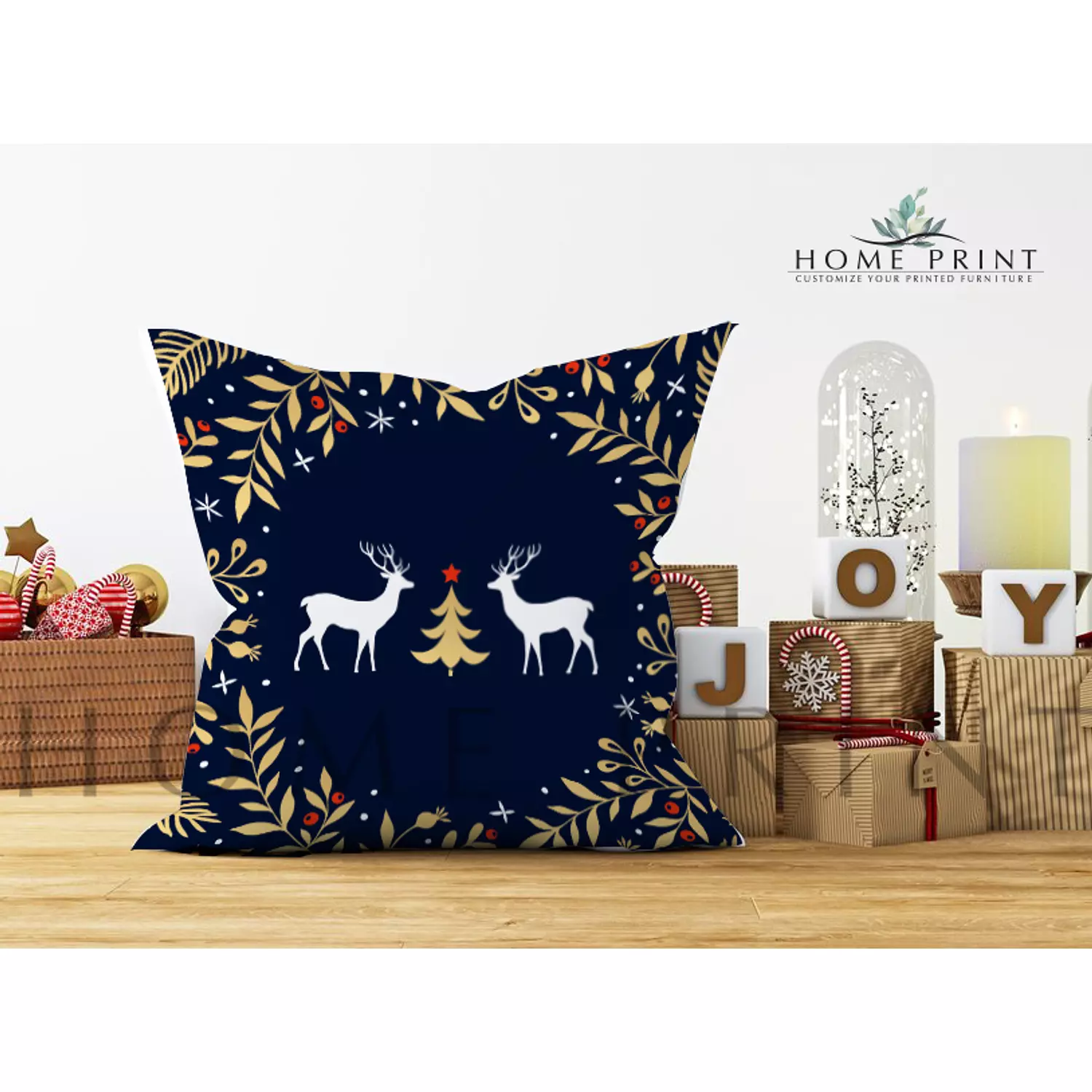 White reindeer with navy background hover image