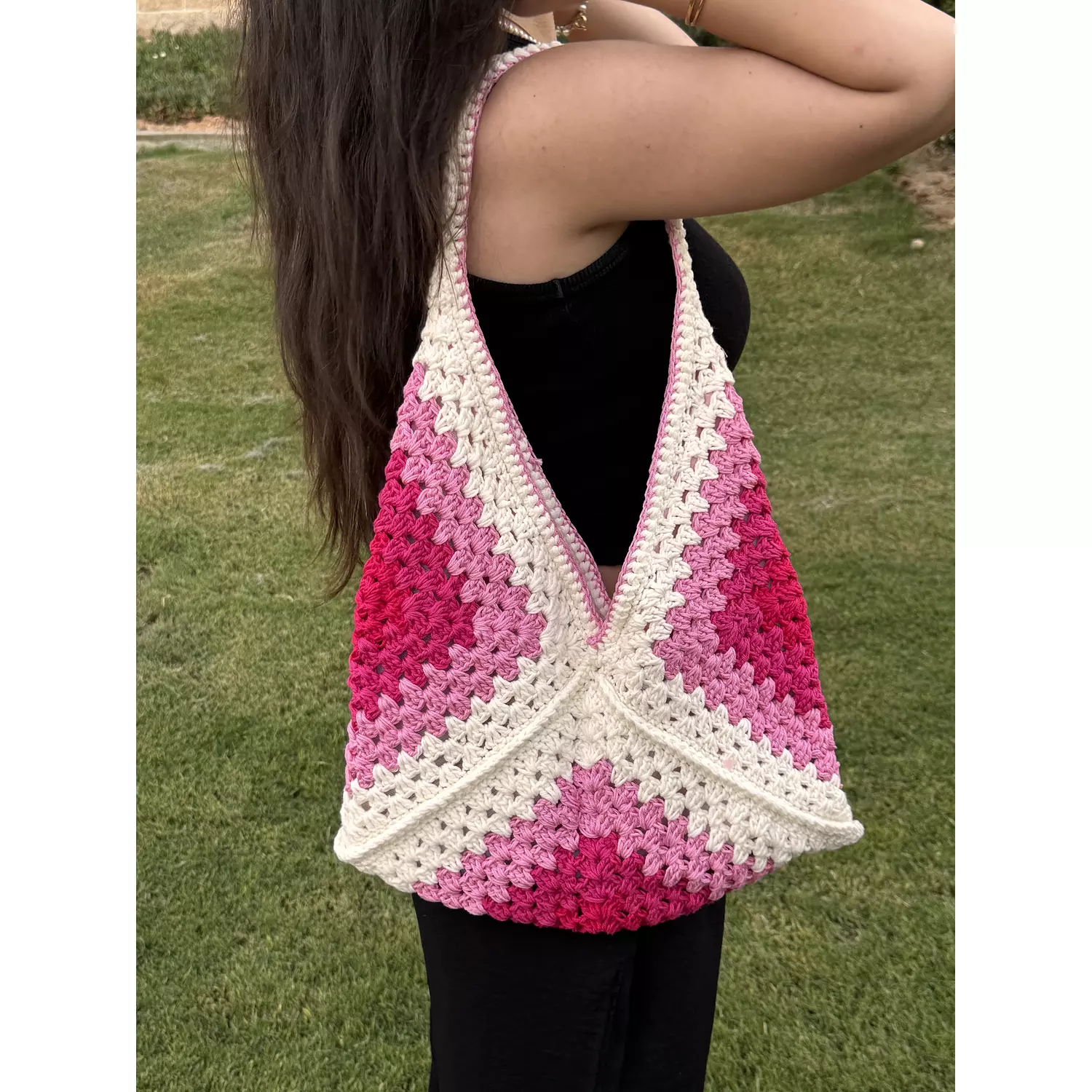 Hot Pink granny square crochet tote bag  1