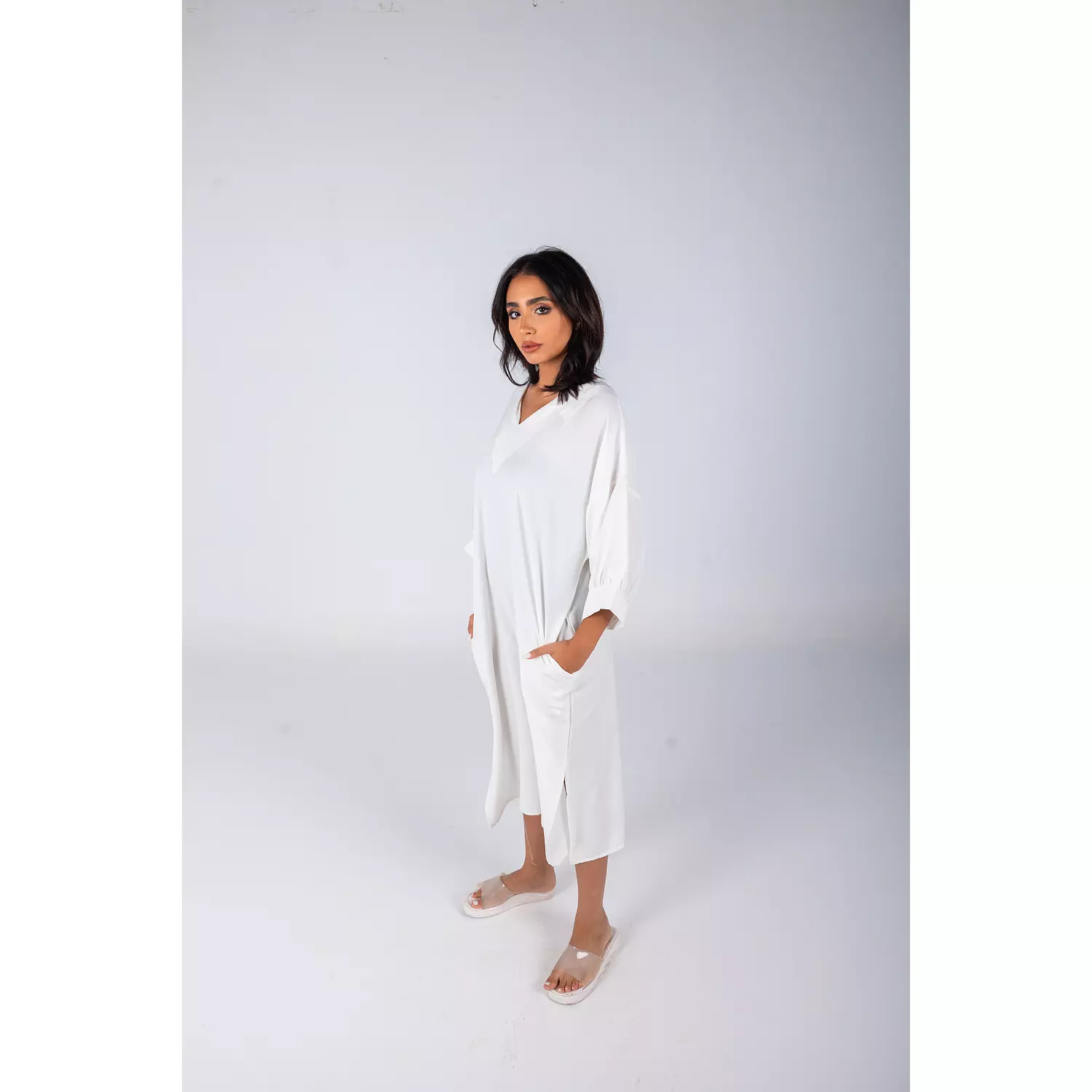 Off White Plain Linen Dress  2