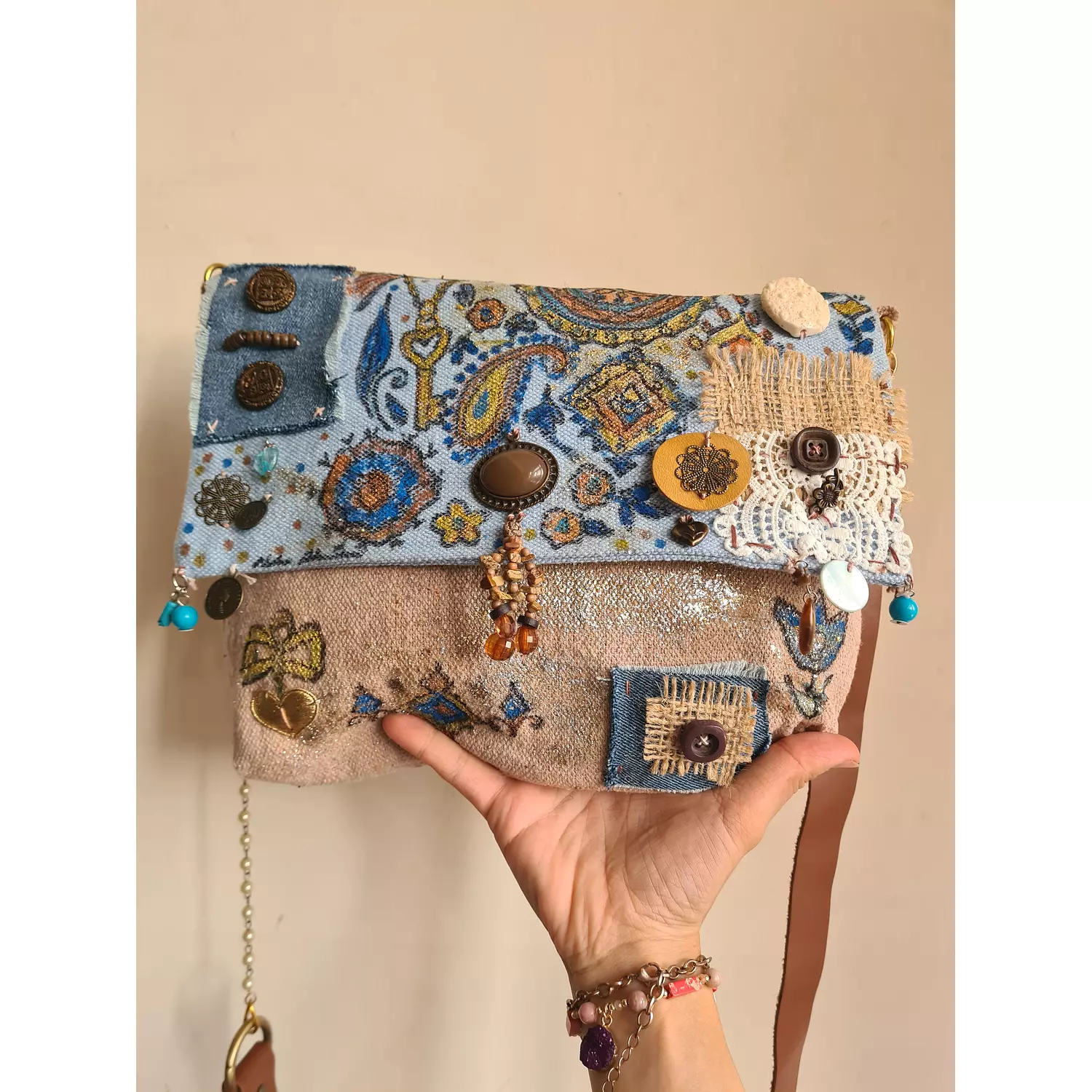 Mixed media fabric bag with genuine leather long strap hover image