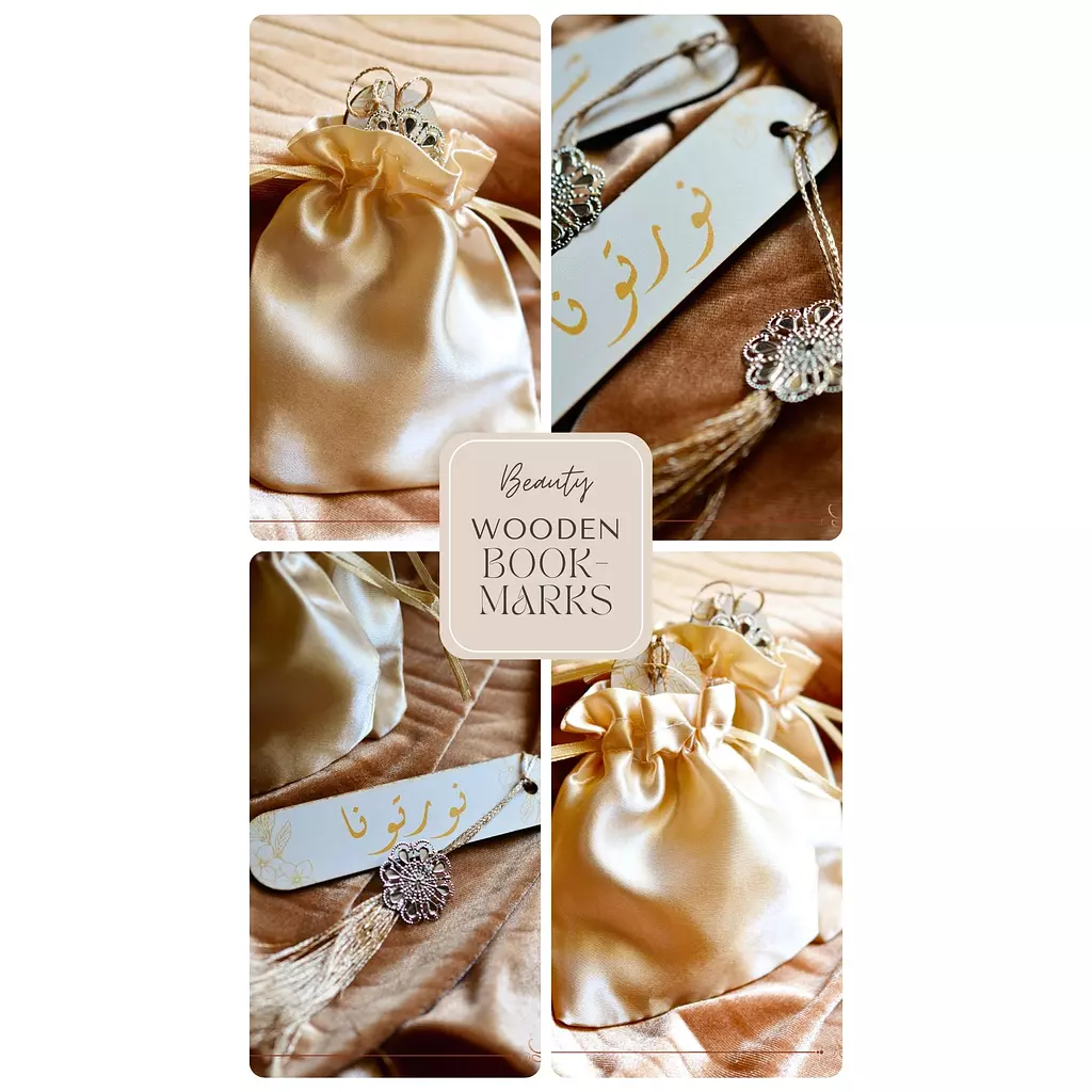 Wedding (Giveaways) Wooden Book Marks with Satin Pouches 