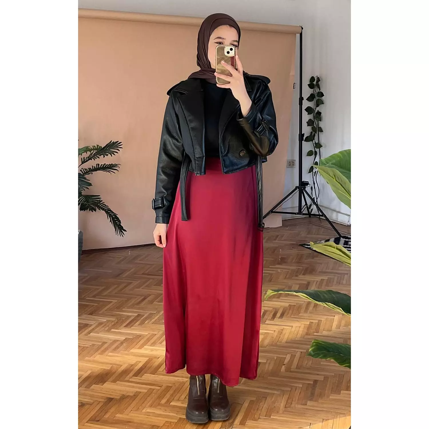 A-line Maron Satin Skirt - new addition  burgundy  hover image