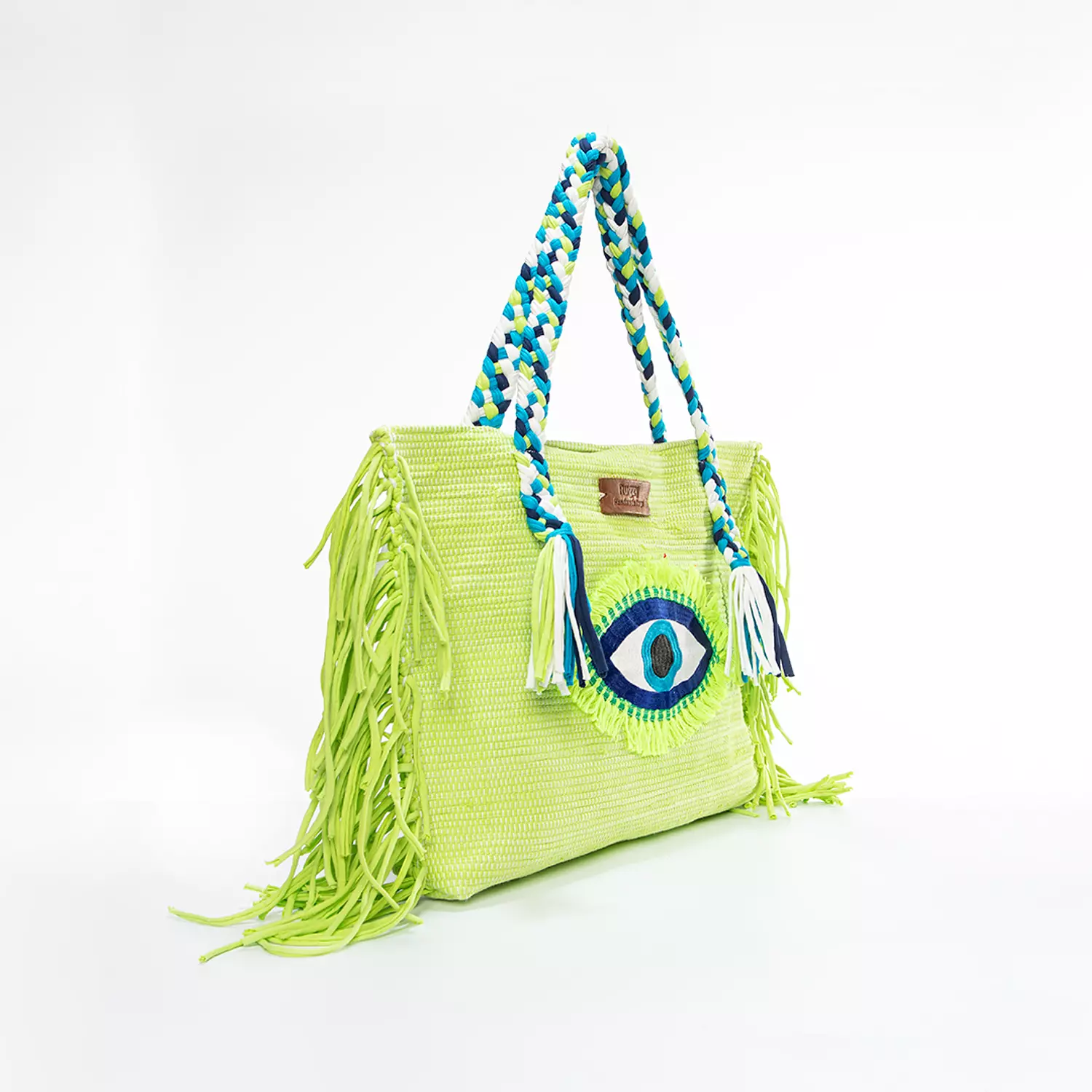 Lime Green Kilim Tote Bag with Evil Eye Badge 1