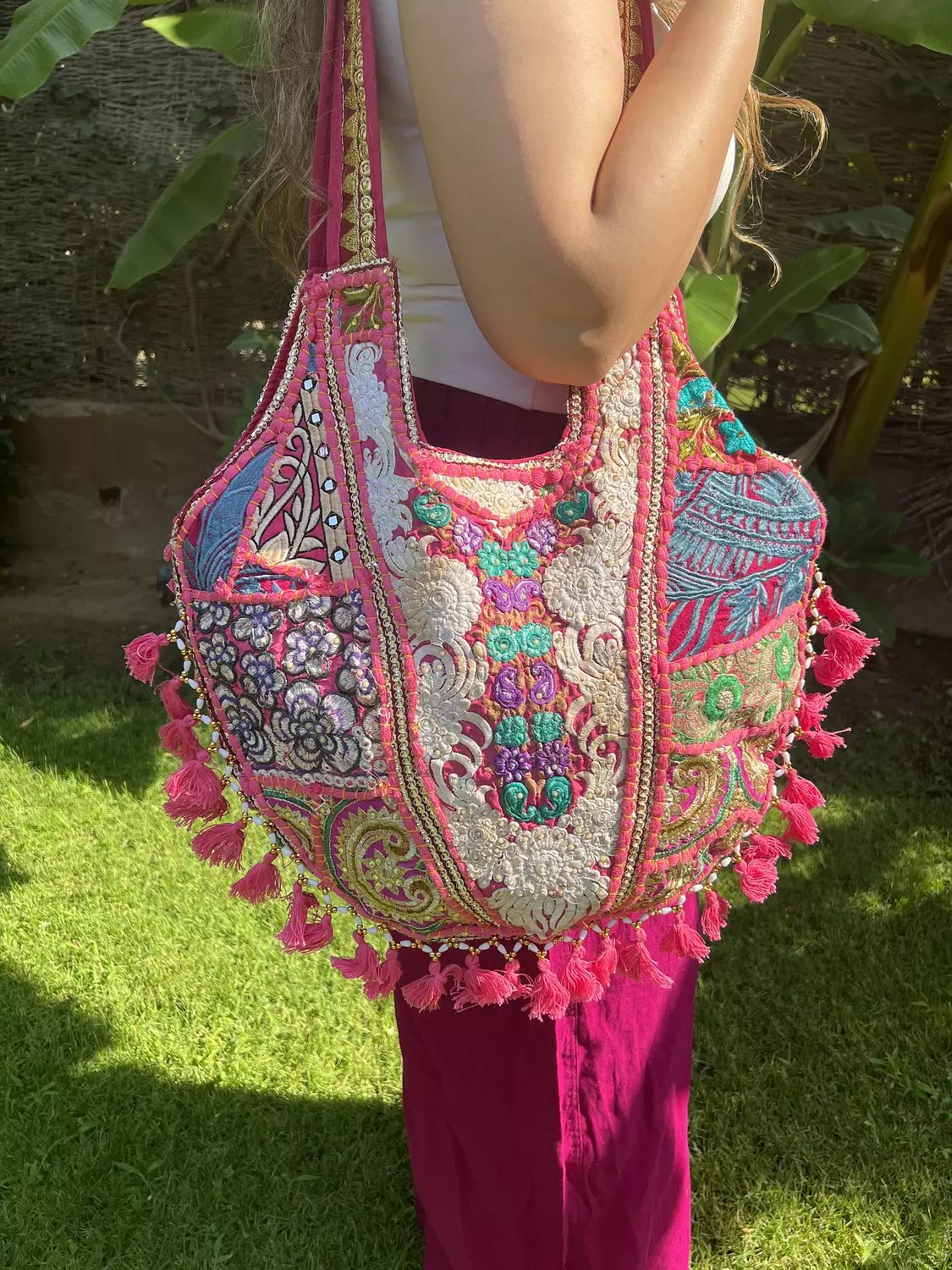 Circular indian boho bag - Fuschia Double face  5