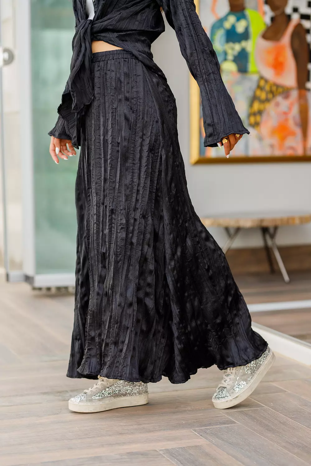 Black crushed maxi satin skirt  hover image