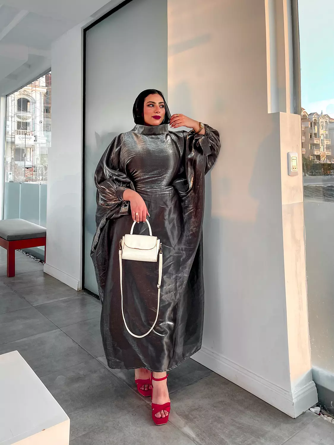 Puffed Sleeves Abaya-Dress in Silver Black  hover image