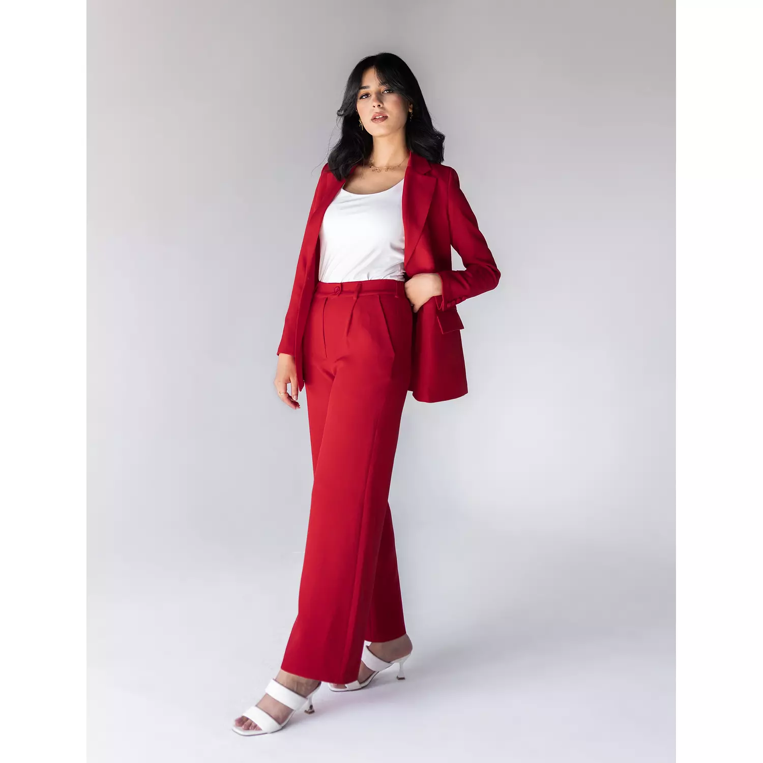 Coral Red Wide-leg Straight Mid Pants hover image