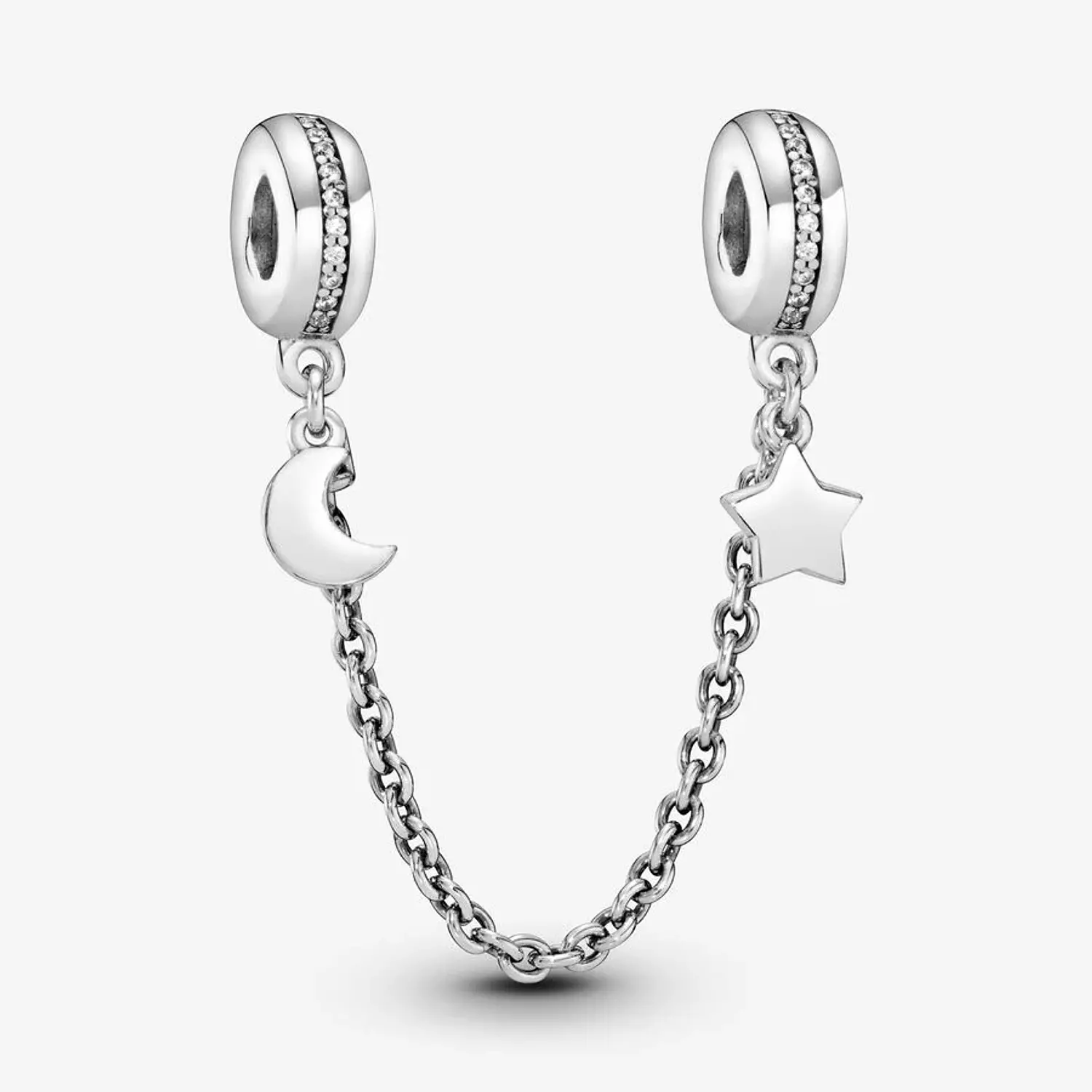 Moon and star silver safety chain with clear cubic zirconia hover image