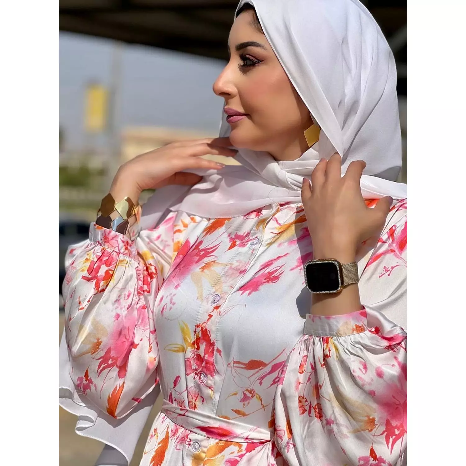 Satin Printed Dress With Long Sleeves - White, Orange &  Fuchsia-2nd-img